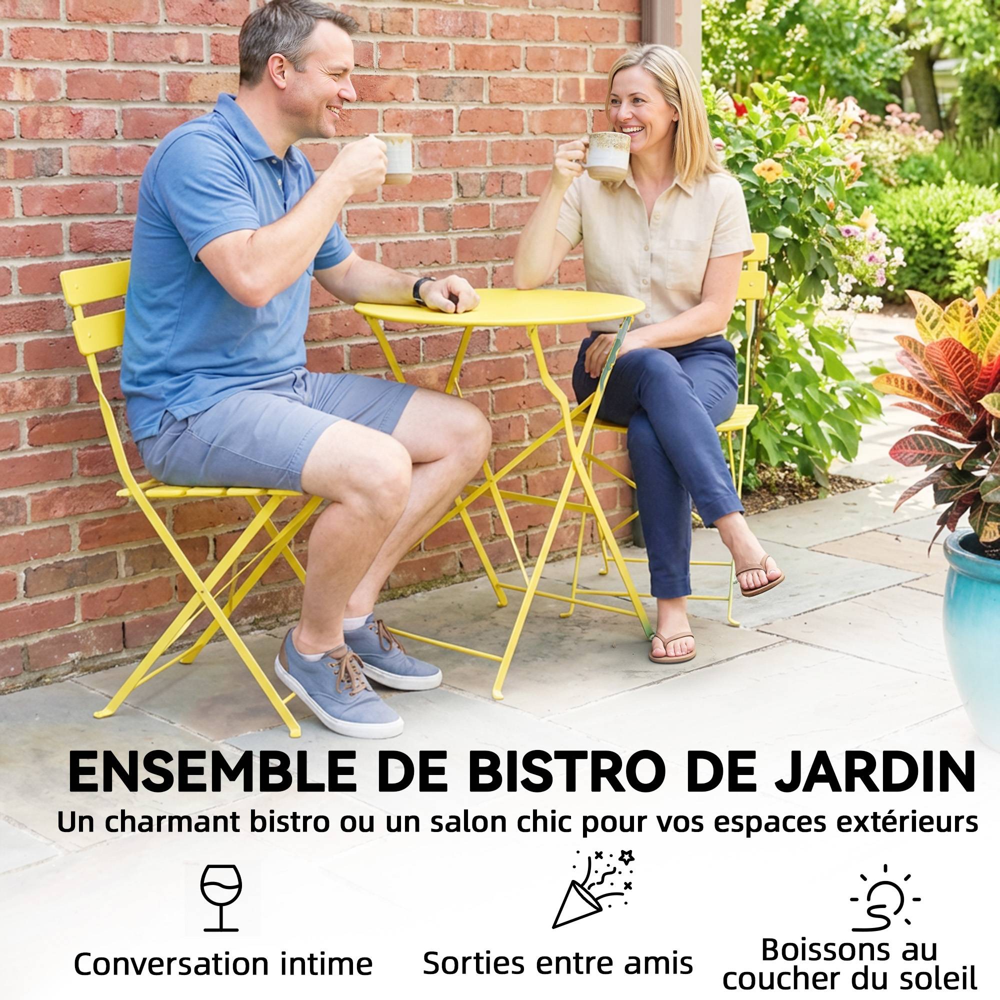 Ensemble Bistrot de Jardin 3 Pièces Table et 2 Chaises Pliantes à Lattes Double Protection Antirouille Jaune - Image 7