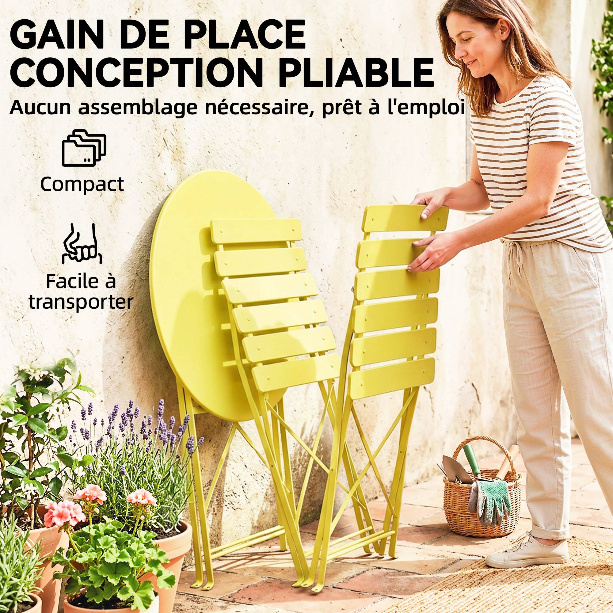 Ensemble Bistrot de Jardin 3 Pièces Table et 2 Chaises Pliantes à Lattes Double Protection Antirouille Jaune - Image 8