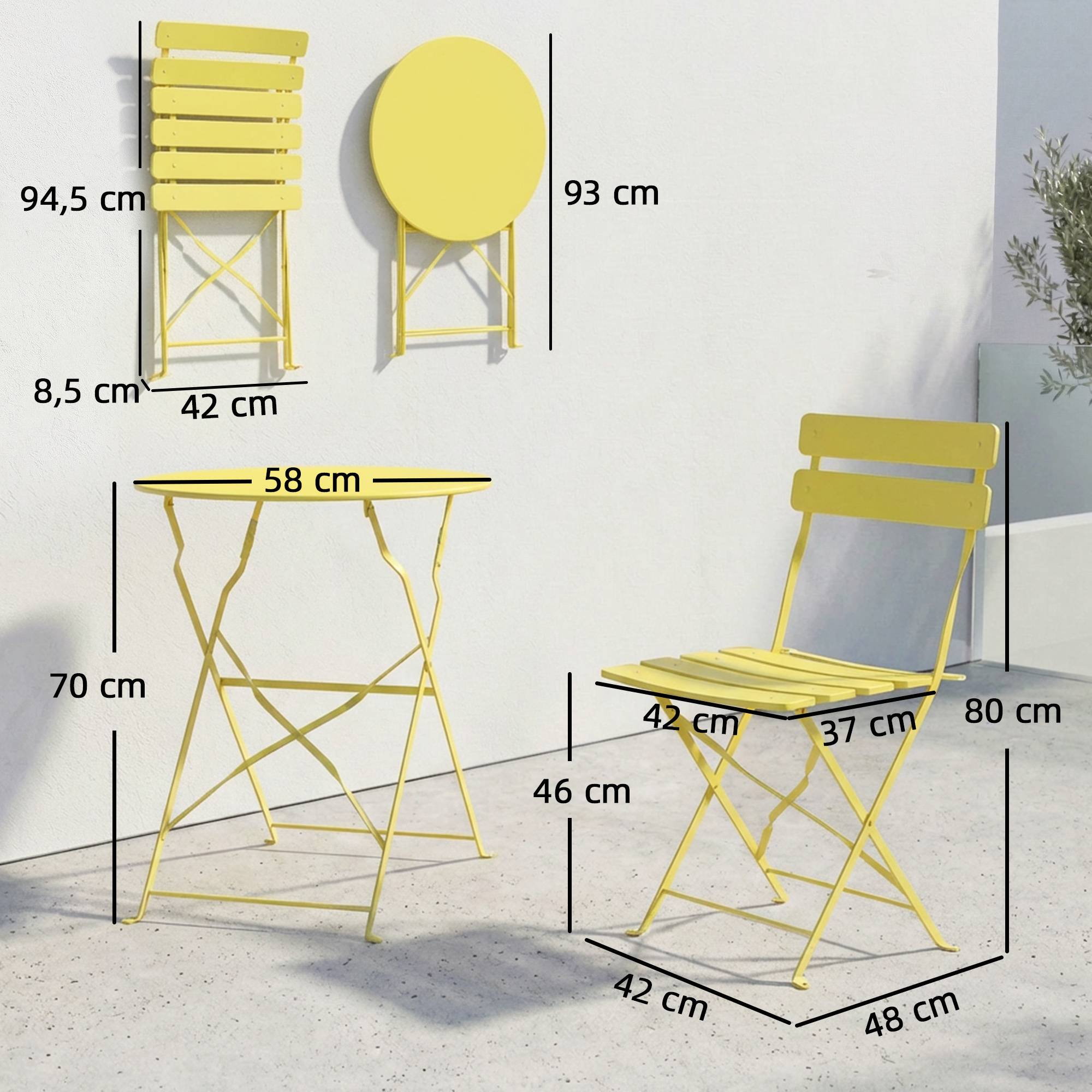 Ensemble Bistrot de Jardin 3 Pièces Table et 2 Chaises Pliantes à Lattes Double Protection Antirouille Jaune - Image 5