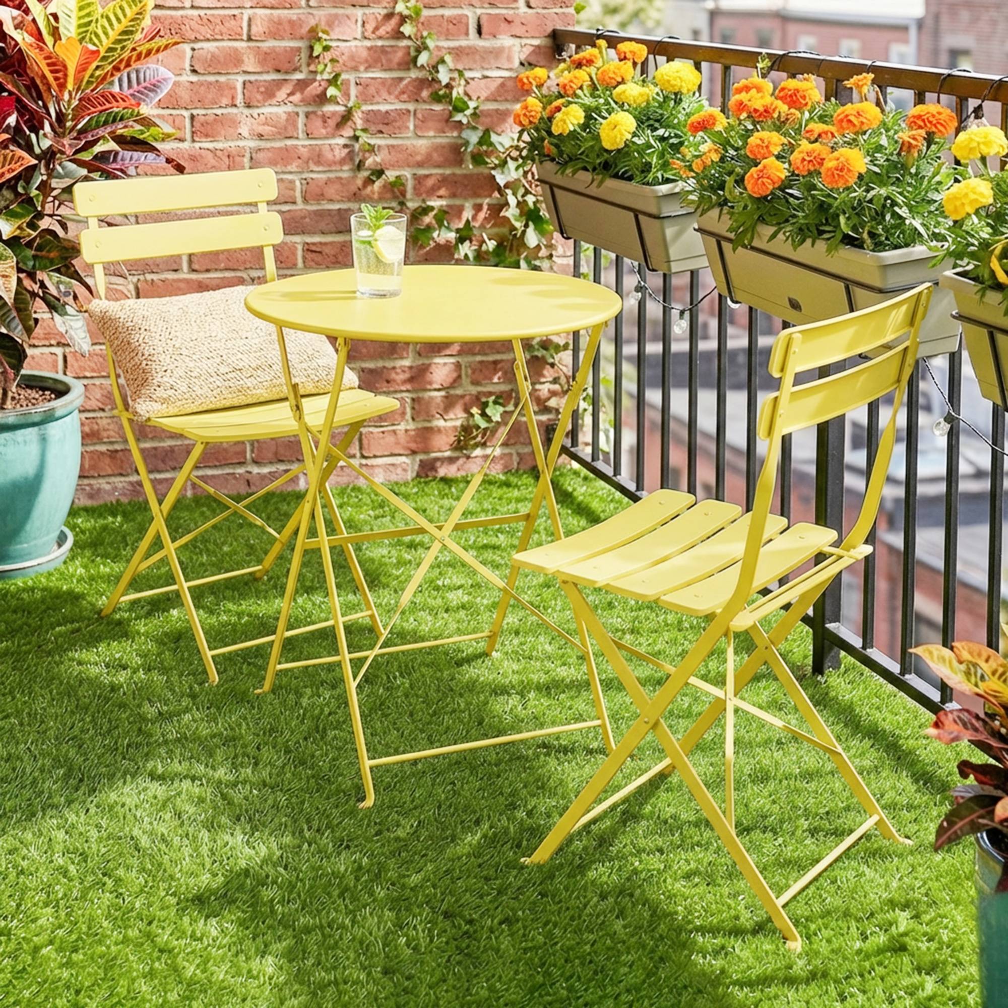 Ensemble Bistrot de Jardin 3 Pièces Table et 2 Chaises Pliantes à Lattes Double Protection Antirouille Jaune - Image 4