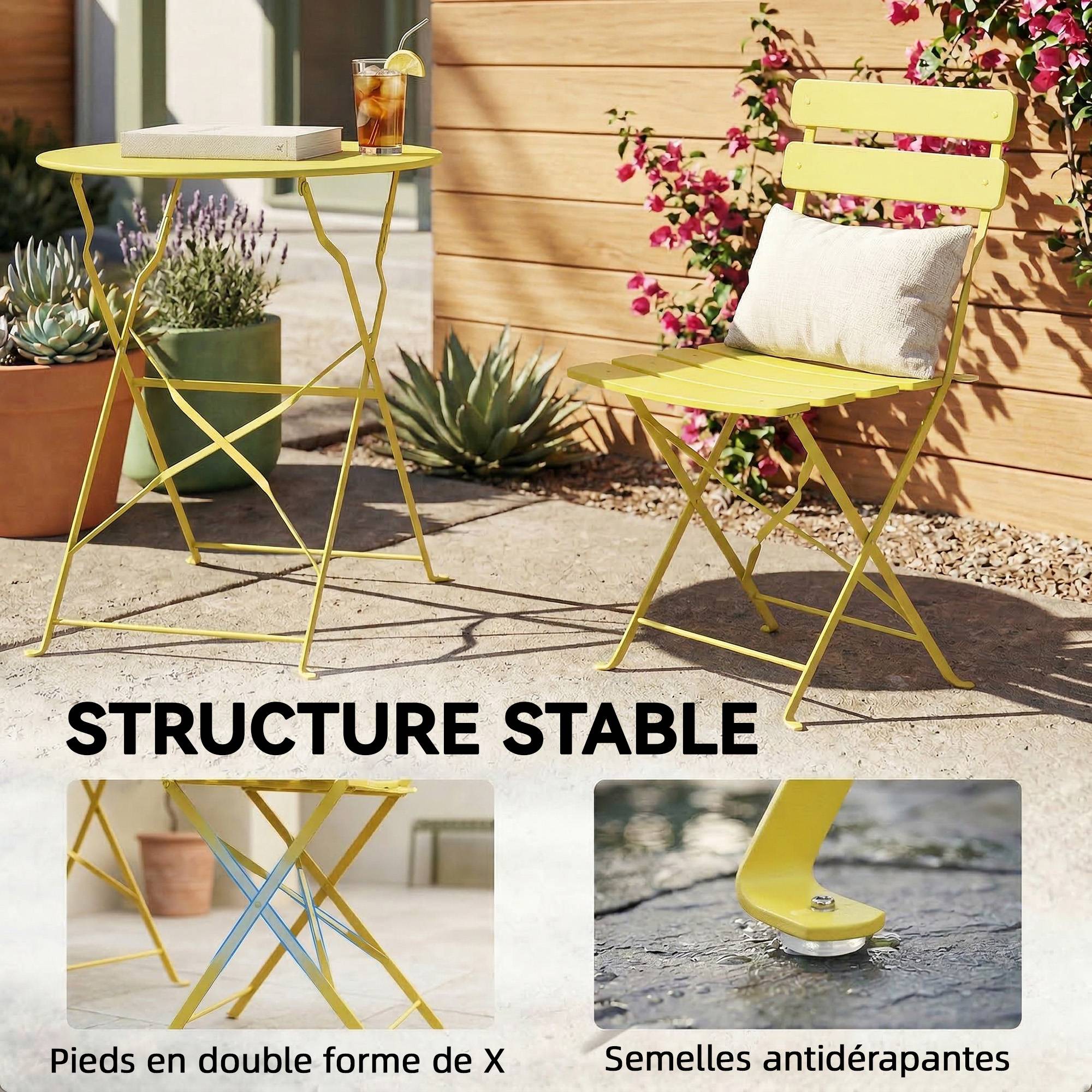 Ensemble Bistrot de Jardin 3 Pièces Table et 2 Chaises Pliantes à Lattes Double Protection Antirouille Jaune - Image 10