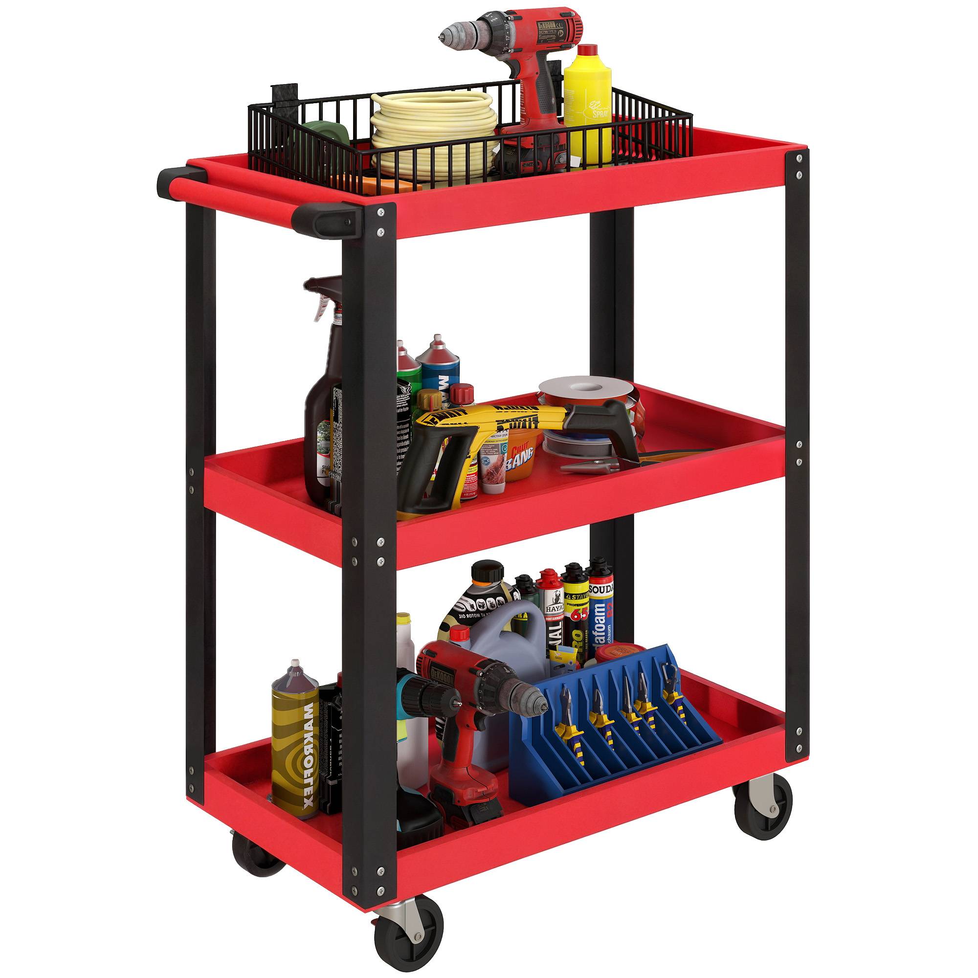 Sans Marque - Chariot à outils à 3 niveaux, structure en métal, capacité de charge 120 kg, roues, poignée, rouge