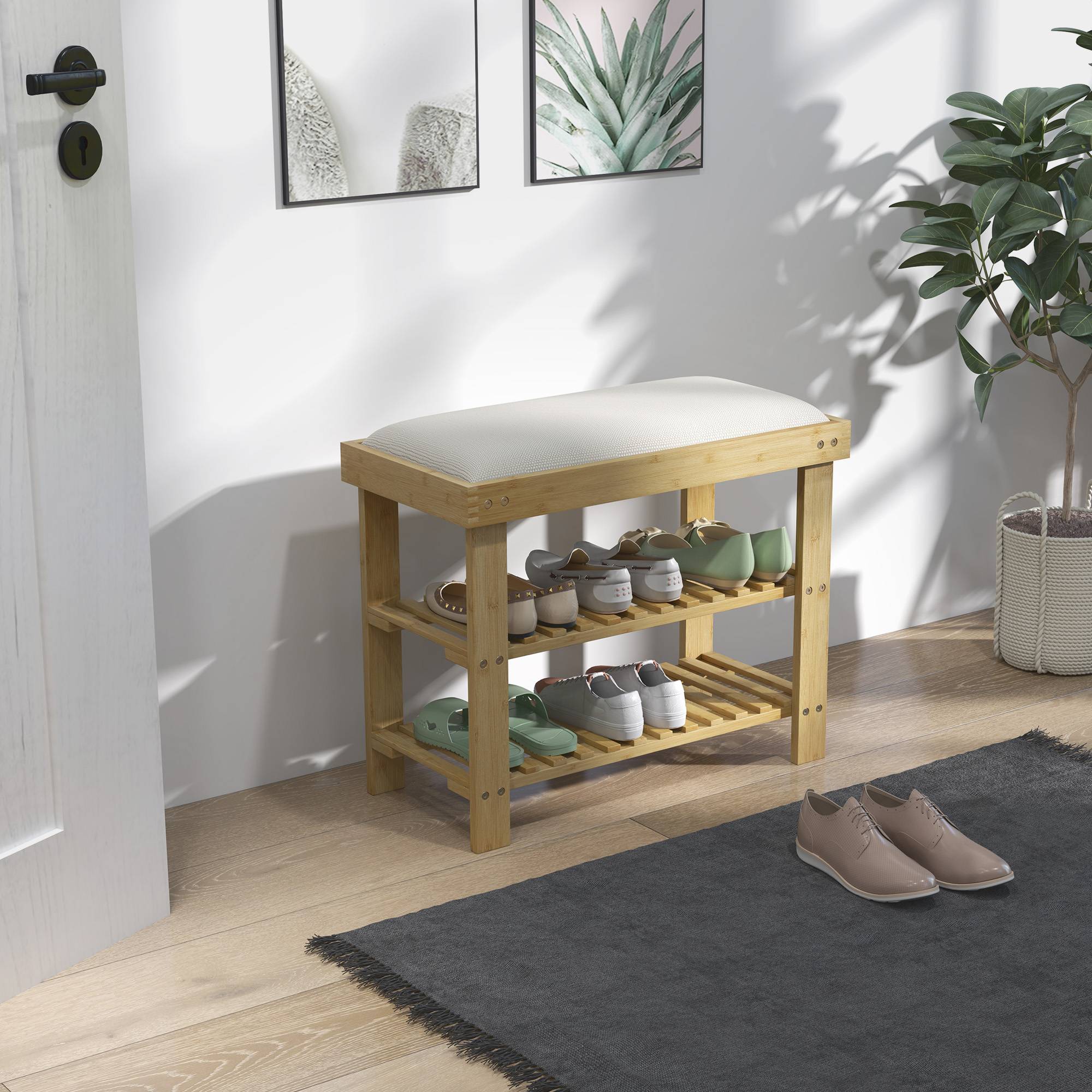 Banc à chaussures avec assise, banc en bambou avec rangement, 2 compartiments ouverts, dimensions : 60 x 29 x 49 cm, blanc crème - Image 3
