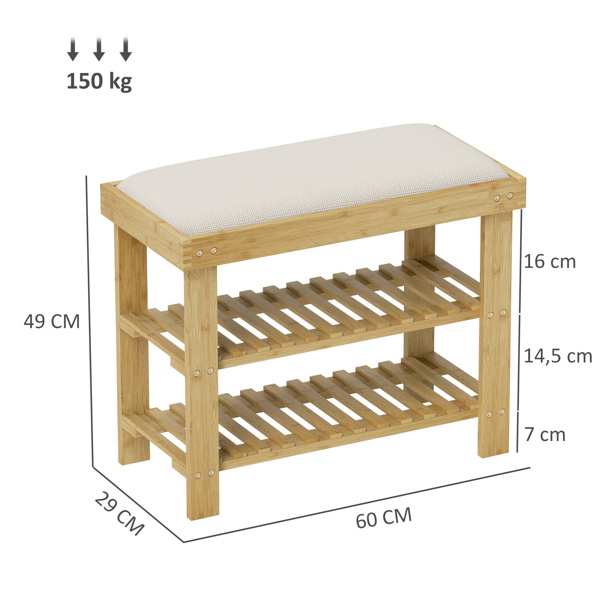 Banc à chaussures avec assise, banc en bambou avec rangement, 2 compartiments ouverts, dimensions : 60 x 29 x 49 cm, blanc crème - Image 5