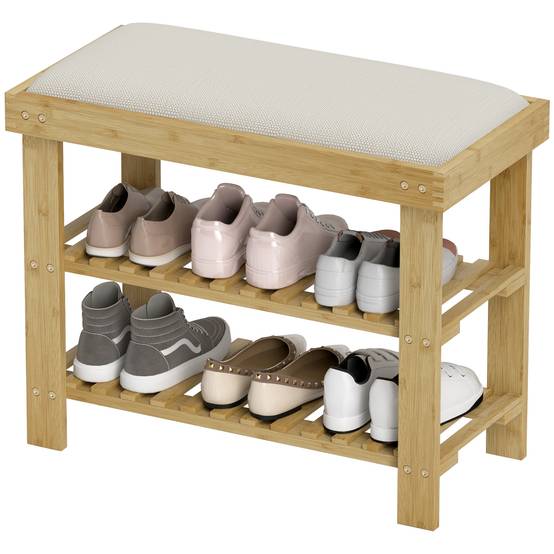 Banc à chaussures avec assise, banc en bambou avec rangement, 2 compartiments ouverts, dimensions : 60 x 29 x 49 cm, blanc crème - Image 2