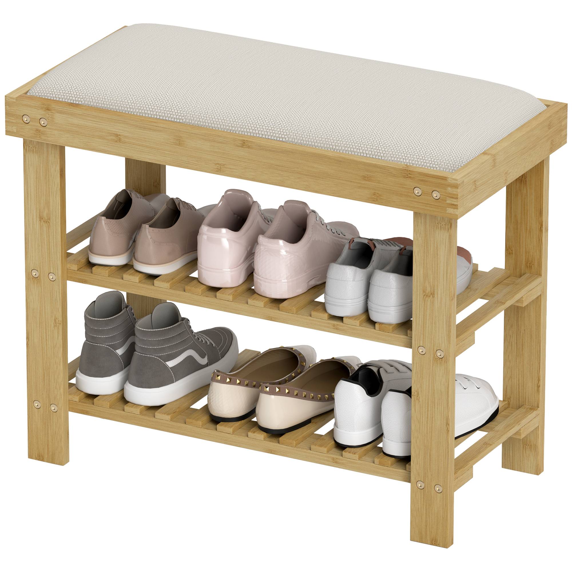 Banc à chaussures avec assise, banc en bambou avec rangement, 2 compartiments ouverts, dimensions : 60 x 29 x 49 cm, blanc crème - Image 2