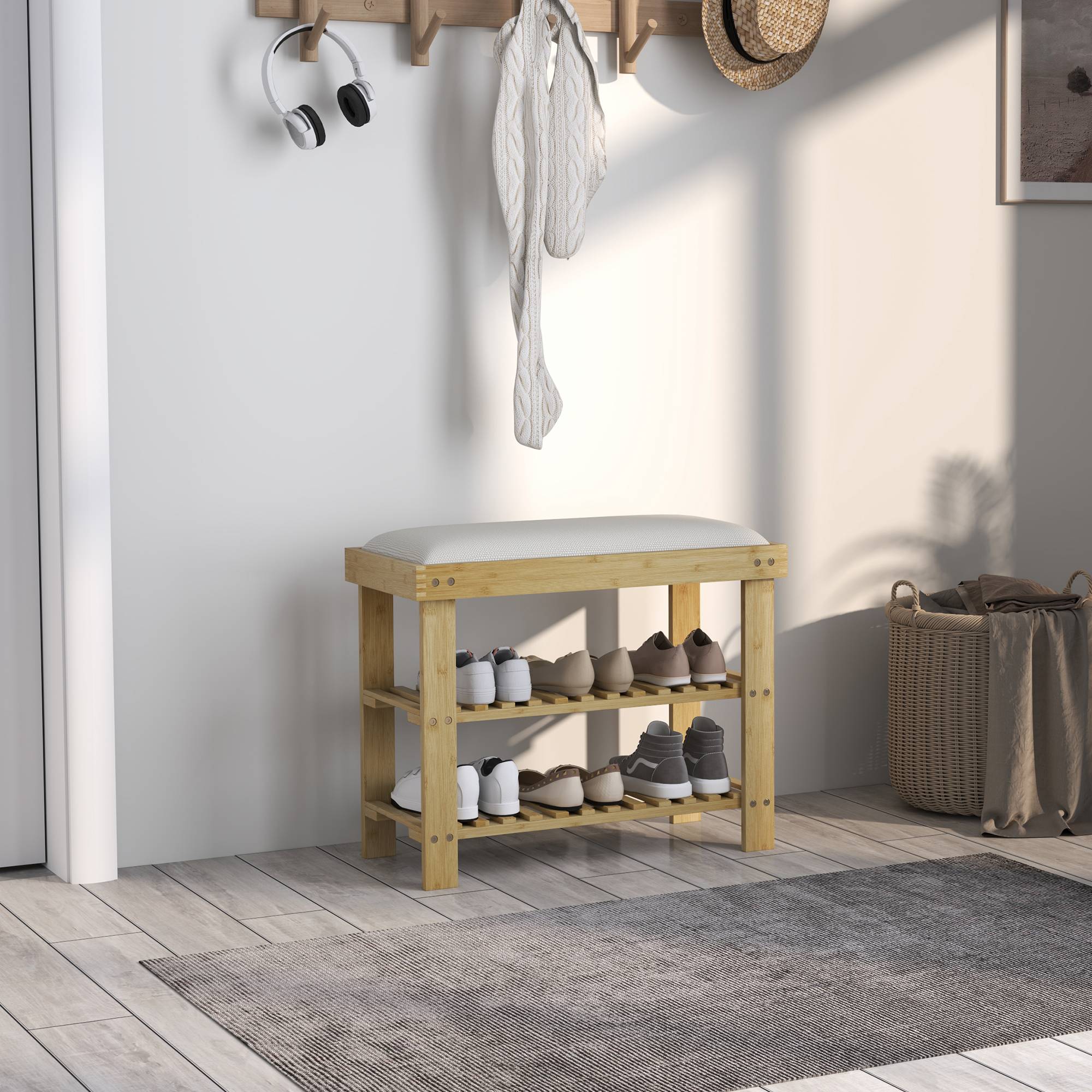 Banc à chaussures avec assise, banc en bambou avec rangement, 2 compartiments ouverts, dimensions : 60 x 29 x 49 cm, blanc crème - Image 4