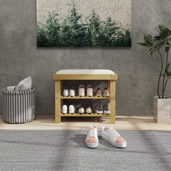 Banc à chaussures avec assise, banc en bambou avec rangement, 2 compartiments ouverts, dimensions : 60 x 29 x 49 cm, blanc crème - Image 10