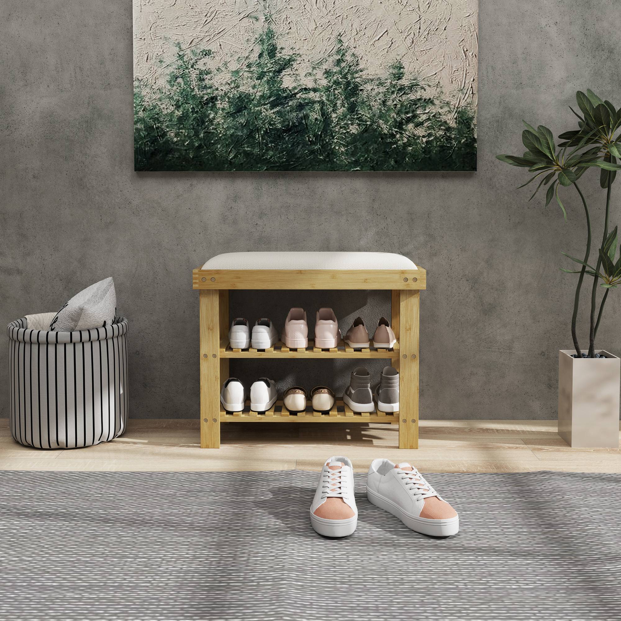 Banc à chaussures avec assise, banc en bambou avec rangement, 2 compartiments ouverts, dimensions : 60 x 29 x 49 cm, blanc crème - Image 10