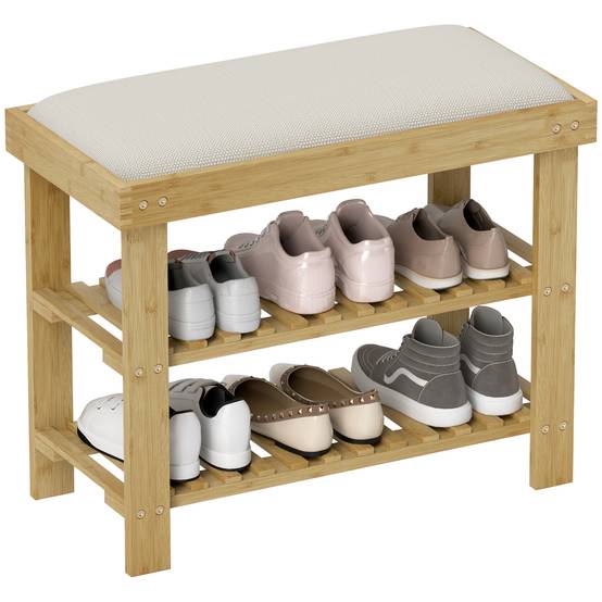 Banc à chaussures avec assise, banc en bambou avec rangement, 2 compartiments ouverts, dimensions : 60 x 29 x 49 cm, blanc crème - Image 1