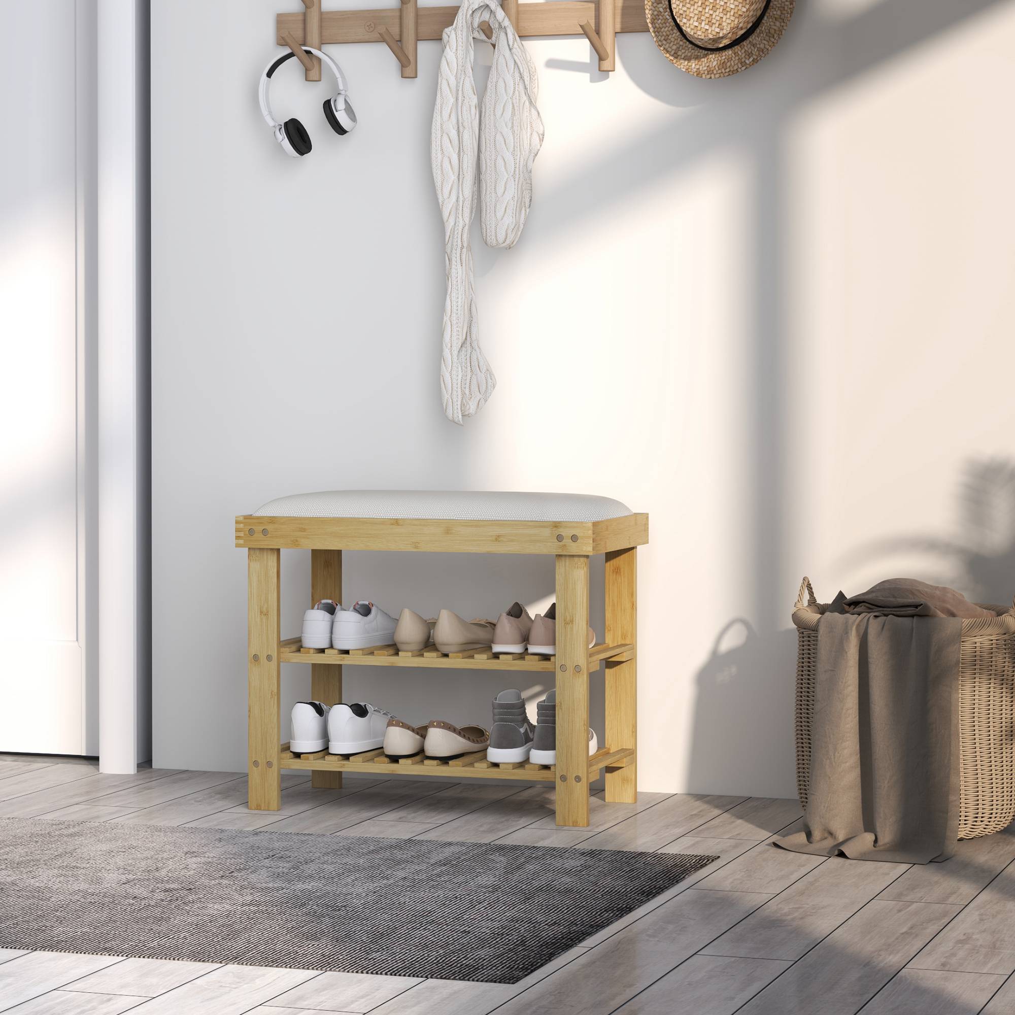 Banc à chaussures avec assise, banc en bambou avec rangement, 2 compartiments ouverts, dimensions : 60 x 29 x 49 cm, blanc crème - Image 9