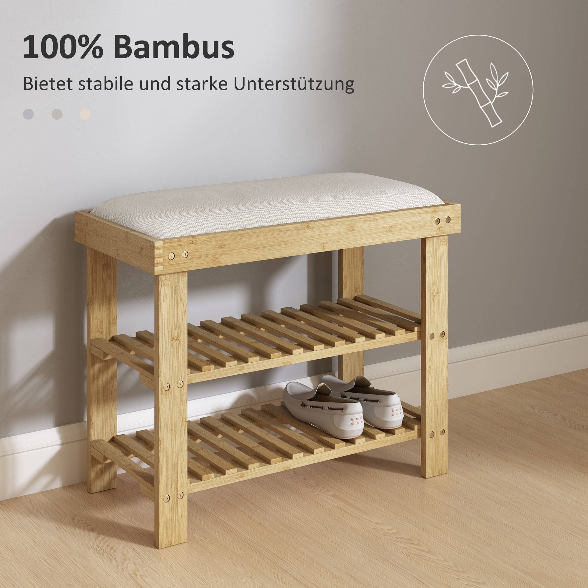 Banc à chaussures avec assise, banc en bambou avec rangement, 2 compartiments ouverts, dimensions : 60 x 29 x 49 cm, blanc crème - Image 8