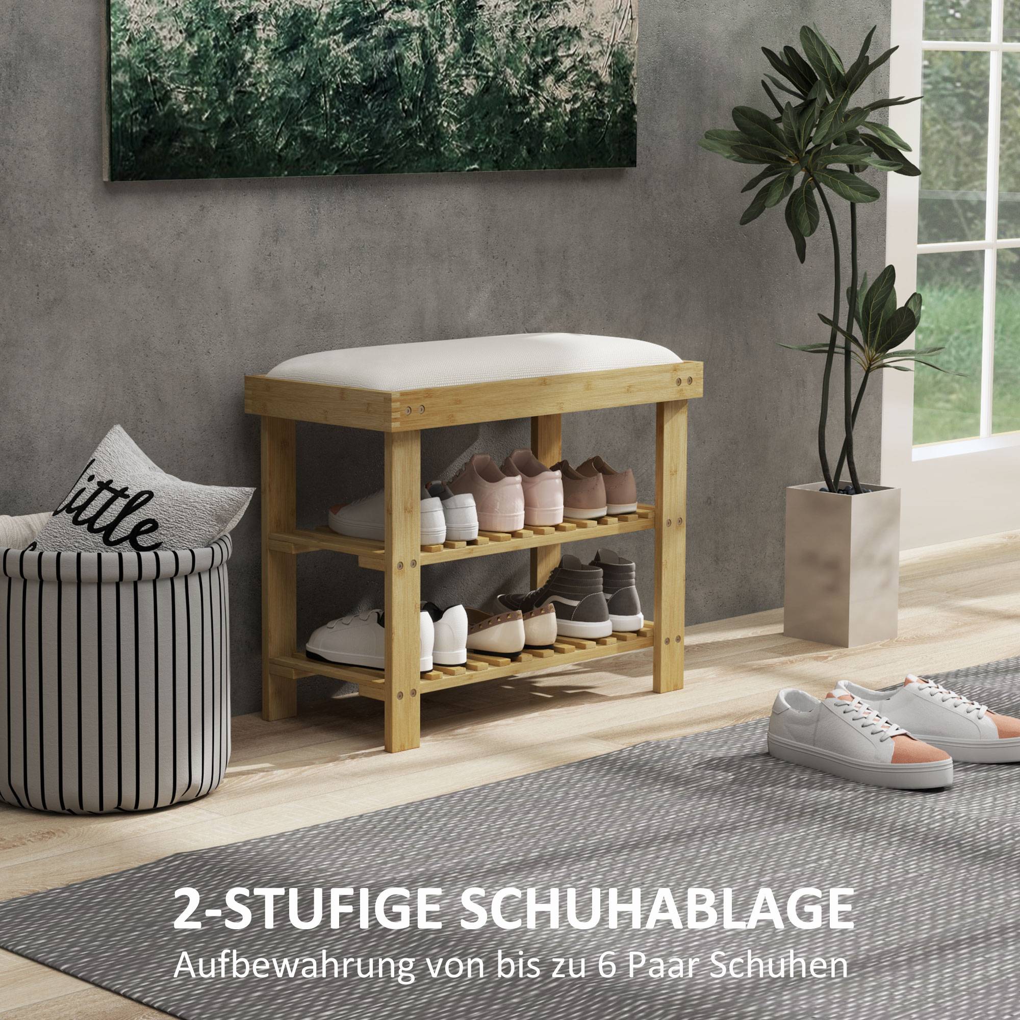 Banc à chaussures avec assise, banc en bambou avec rangement, 2 compartiments ouverts, dimensions : 60 x 29 x 49 cm, blanc crème - Image 7