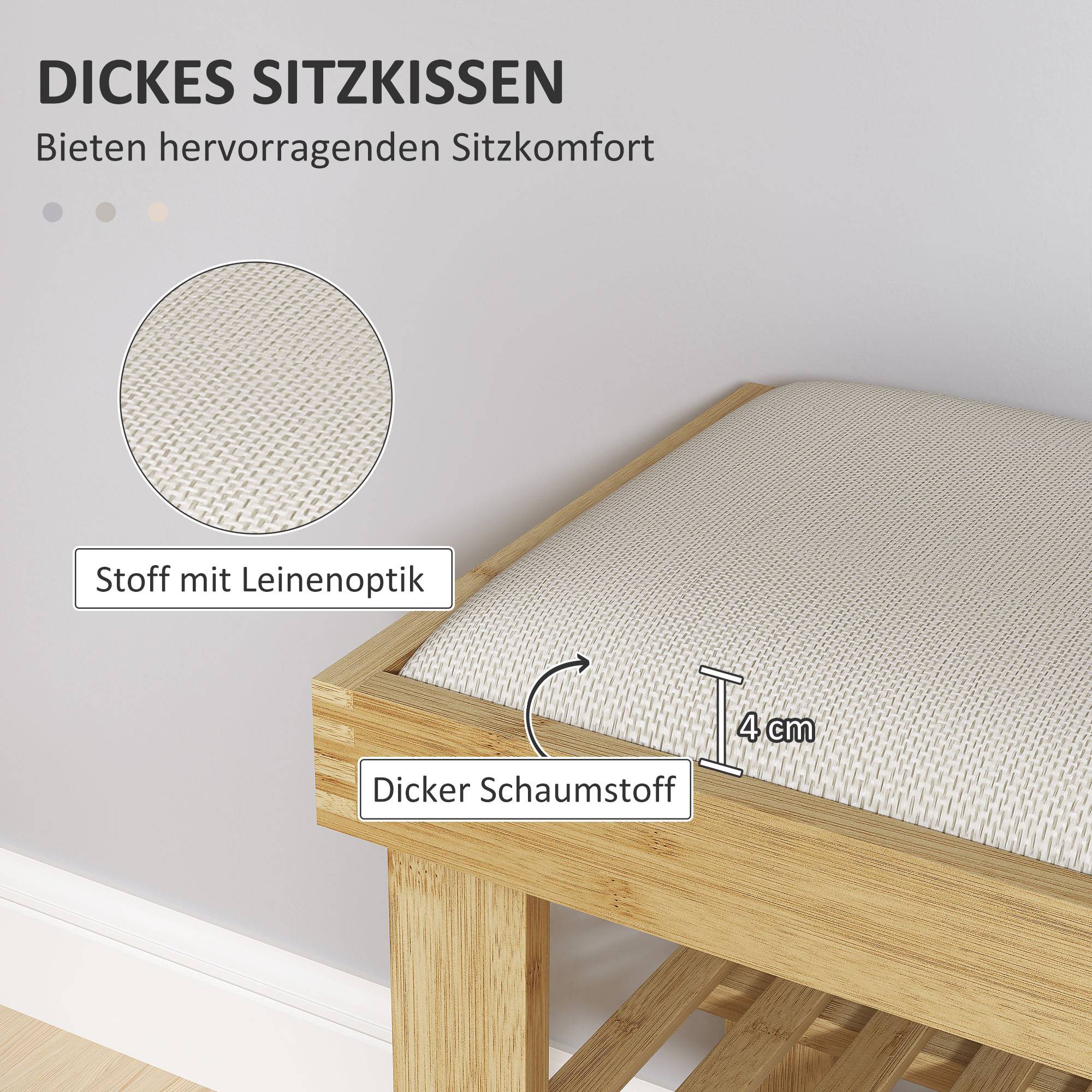 Banc à chaussures avec assise, banc en bambou avec rangement, 2 compartiments ouverts, dimensions : 60 x 29 x 49 cm, blanc crème - Image 6