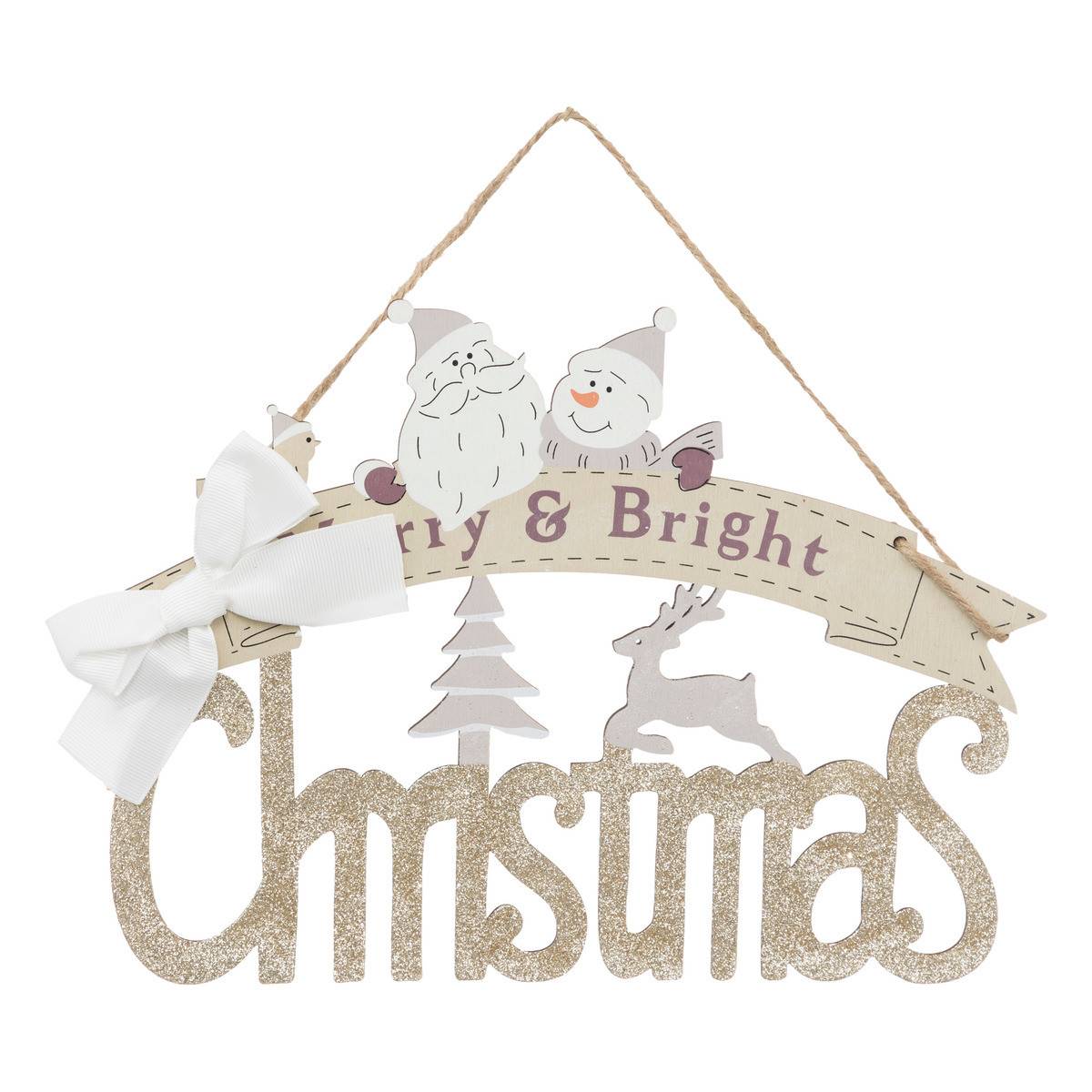 Fééric Lights & Christmas - Suspension de Noël Mot Christmas en Bois avec déco H 29 cm