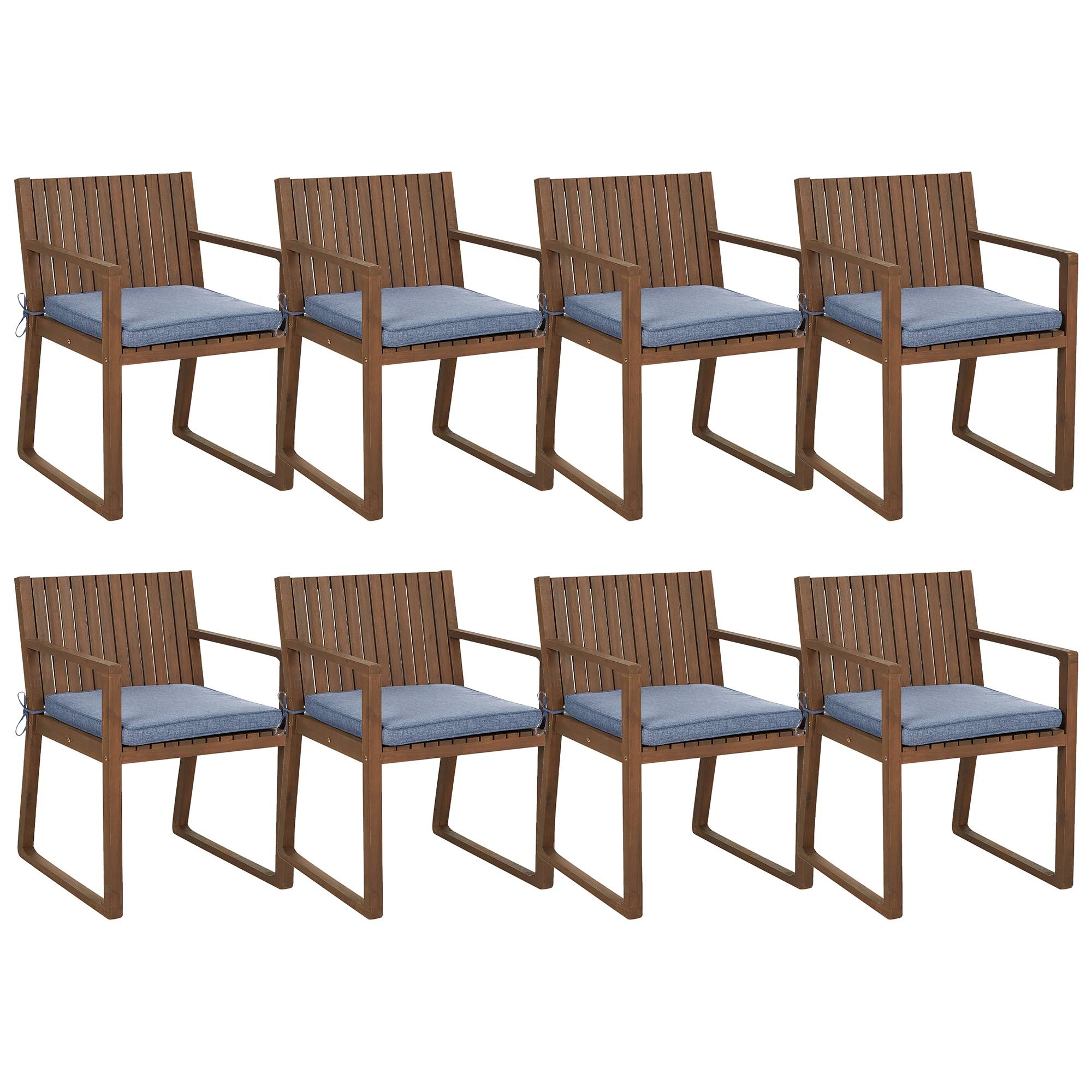 Beliani - Set 8 Chaises de Salle à Manger Extérieur en Bois d'Acacia Foncé avec Coussins Bleus Jardin Rustique - Imagen 1
