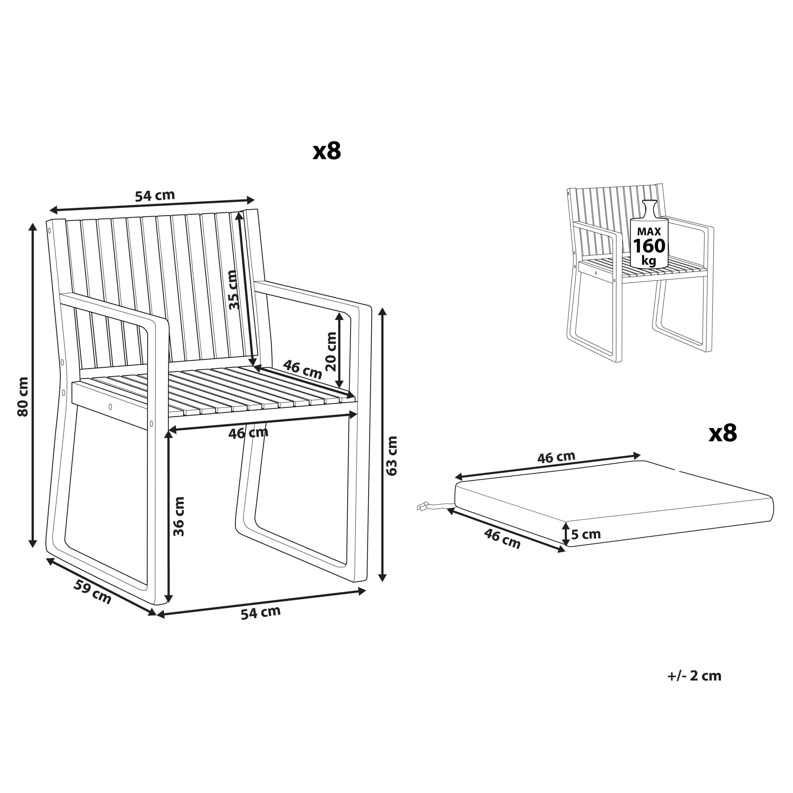 Beliani - Set 8 Chaises de Salle à Manger Extérieur en Bois d'Acacia Foncé avec Coussins Bleus Jardin Rustique - Imagen 3