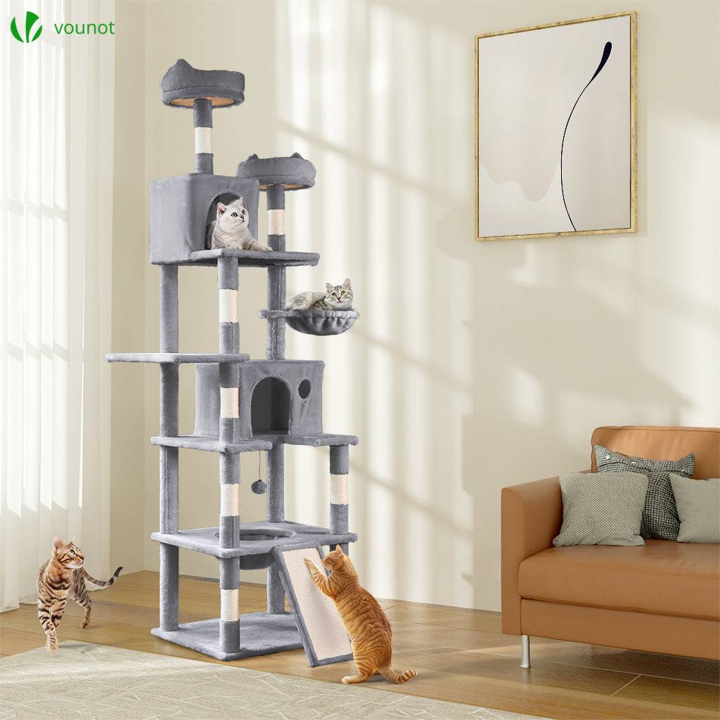 Arbre à chat géant 215cm avec griffoir, 2 niches et 3 plateformes - Gris - Arbre à grimper pour chats - VOUNOT® - Image 2