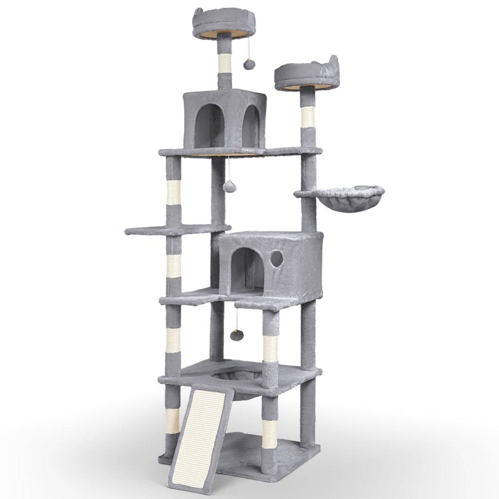 Arbre à chat géant 215cm avec griffoir, 2 niches et 3 plateformes - Gris - Arbre à grimper pour chats - VOUNOT®