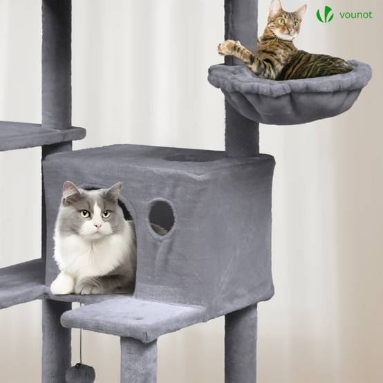 Arbre à chat géant 215cm avec griffoir, 2 niches et 3 plateformes - Gris - Arbre à grimper pour chats - VOUNOT® - Image 5