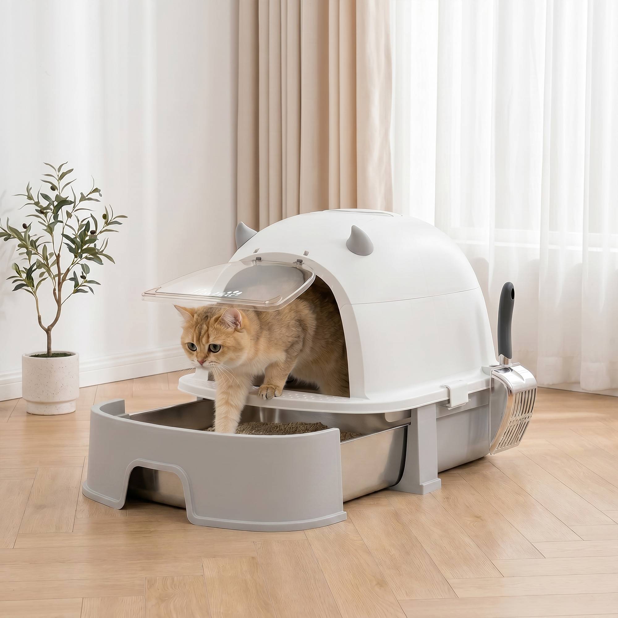 Bac à litière en acier inoxydable avec couvercle amovible, pelle et filtre à charbon actif pour chats de petite et moyenne taille, gris - Image 4