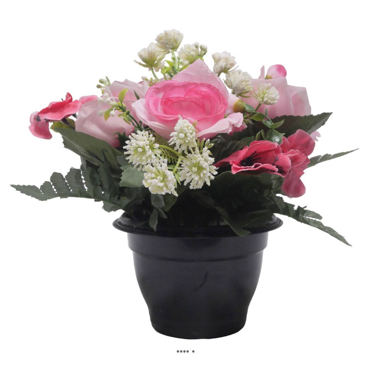 Artificielles - Pot de Rose, pensée et mini fleurs artificiels pour la Toussaint Rose - couleur: Rose - Imagen 2