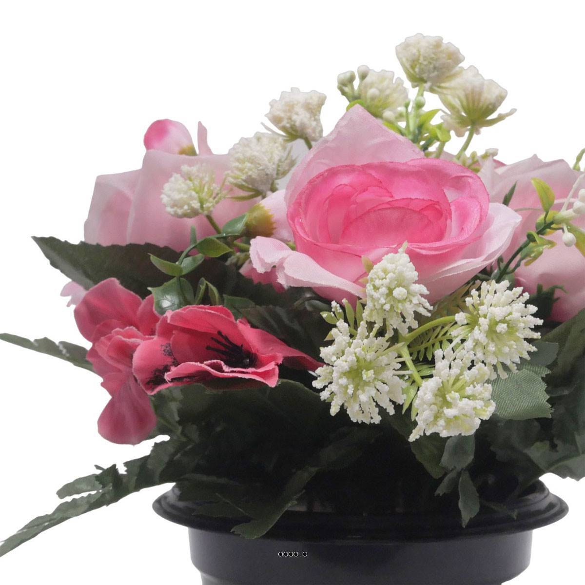 Artificielles - Pot de Rose, pensée et mini fleurs artificiels pour la Toussaint Rose - couleur: Rose - Imagen 3