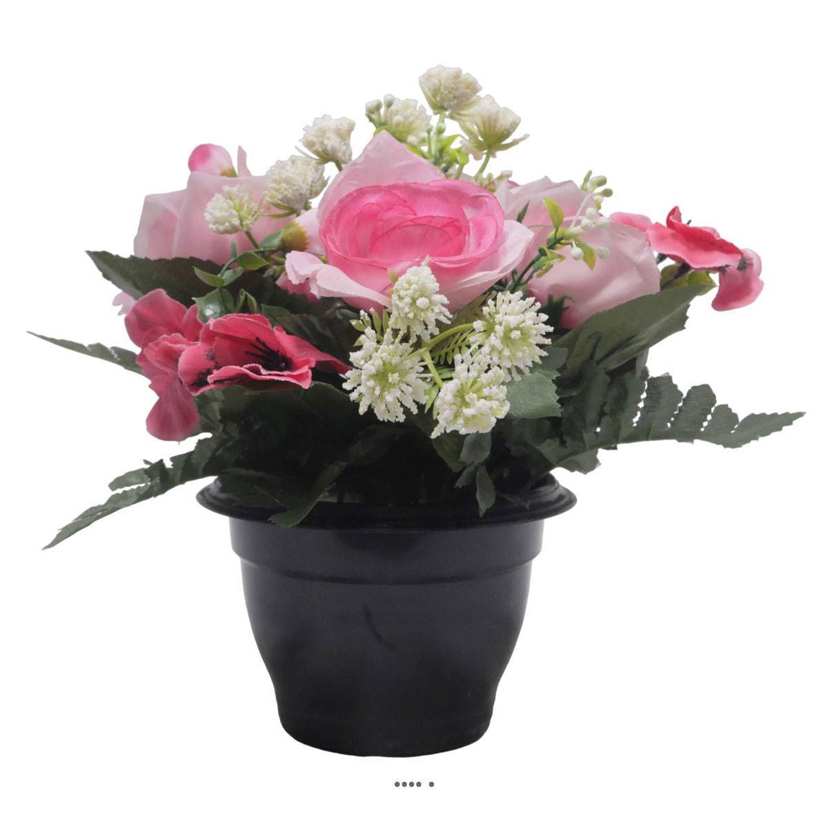 Artificielles - Pot de Rose, pensée et mini fleurs artificiels pour la Toussaint Rose - couleur: Rose - Imagen 1