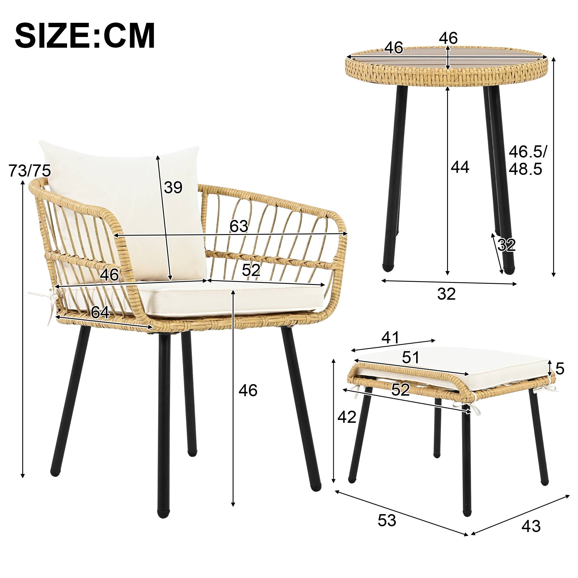Salon de Jardin avec 2 Chaises 2 Hockers et 1 Table pour terrasse Tissu Blanc et Naturel - Image 5
