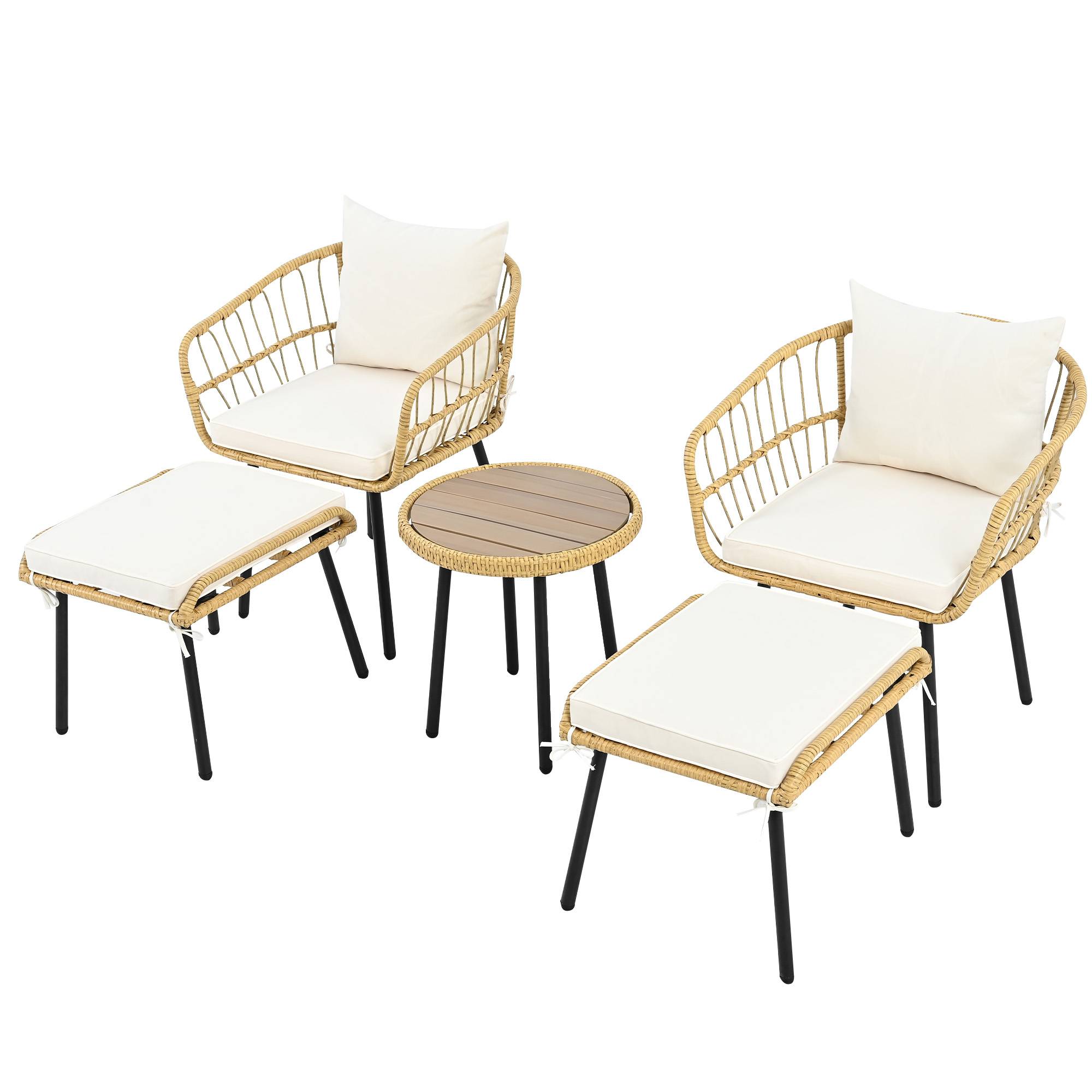 Salon de Jardin avec 2 Chaises 2 Hockers et 1 Table pour terrasse Tissu Blanc et Naturel