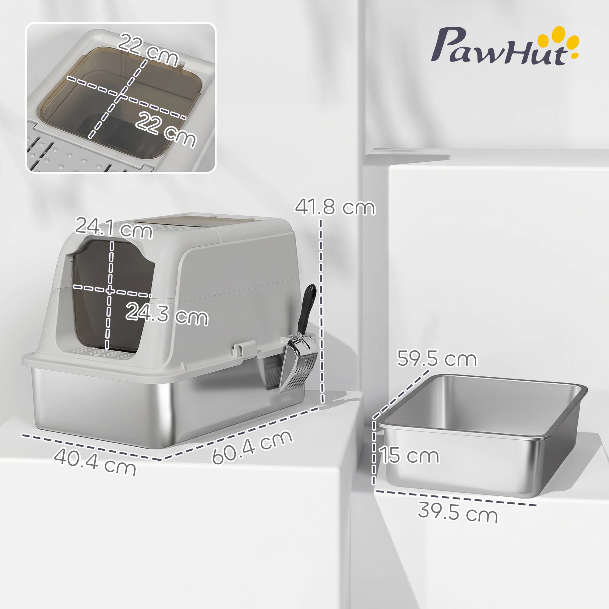 Litière fermée avec couvercle, 2 entrées, pelle et sac désodorisant, gris clair - Image 5