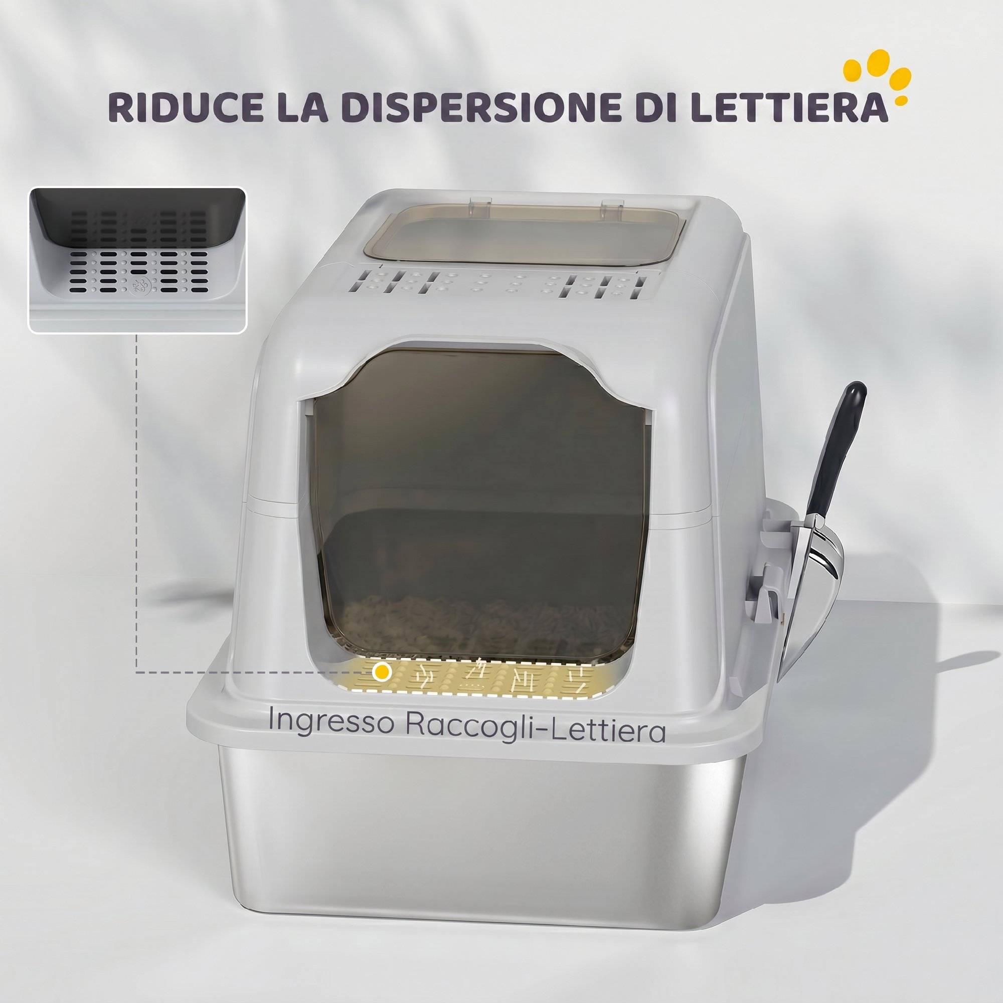 Litière fermée avec couvercle, 2 entrées, pelle et sac désodorisant, gris clair - Image 8