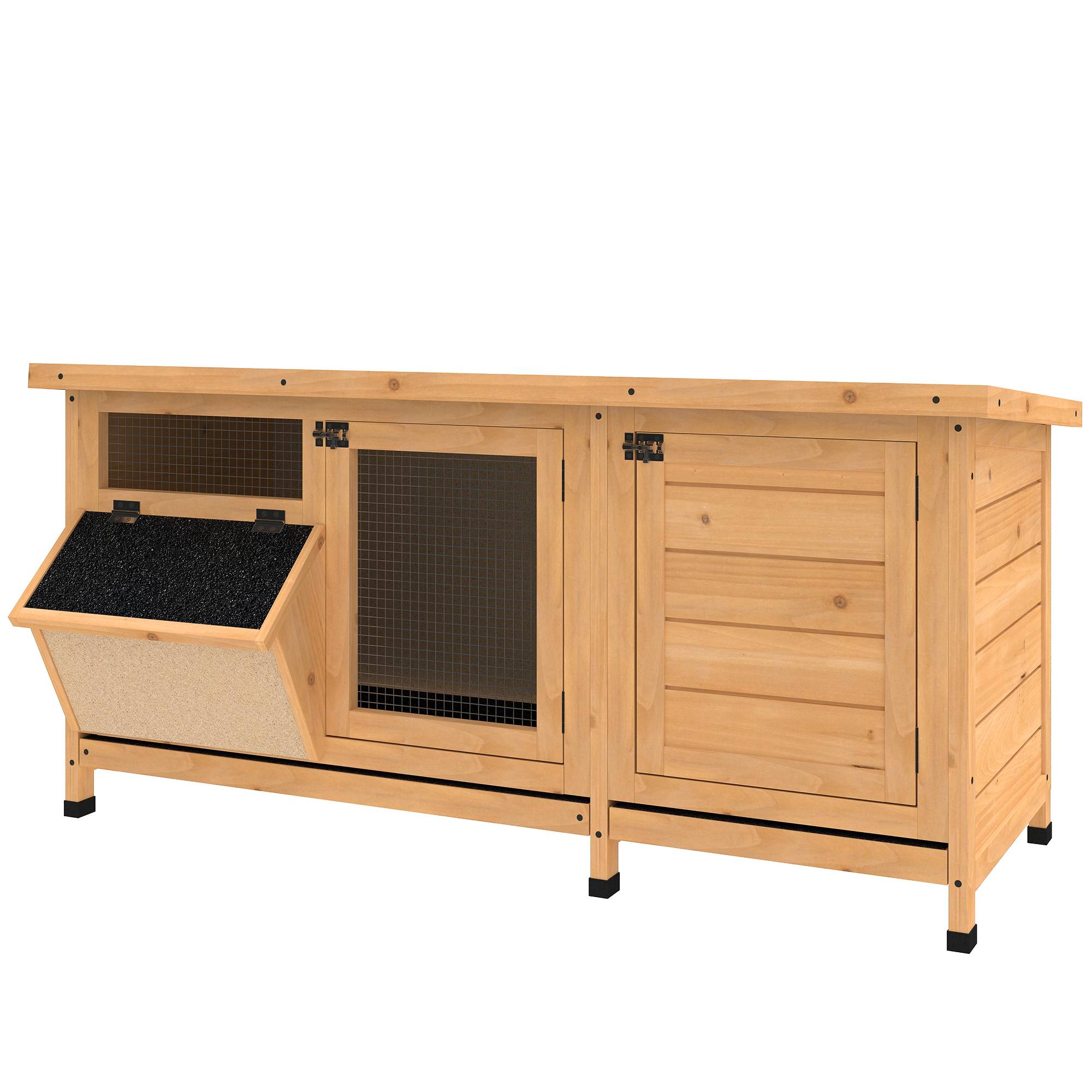 Cage à lapin avec toit en asphalte à charnières, portes à loquet, plateaux amovibles et mangeoire, 112 x 50 x 54 cm, jaune - Image 2