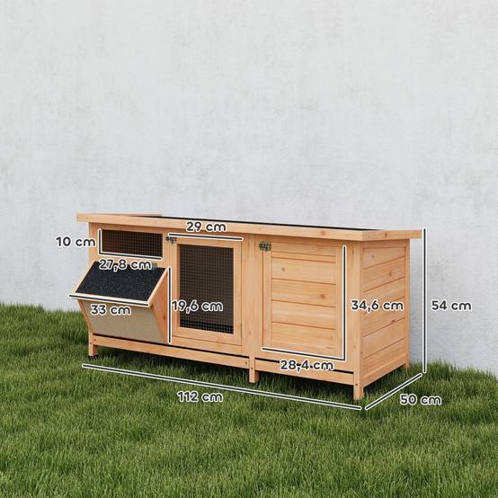 Cage à lapin avec toit en asphalte à charnières, portes à loquet, plateaux amovibles et mangeoire, 112 x 50 x 54 cm, jaune - Image 5