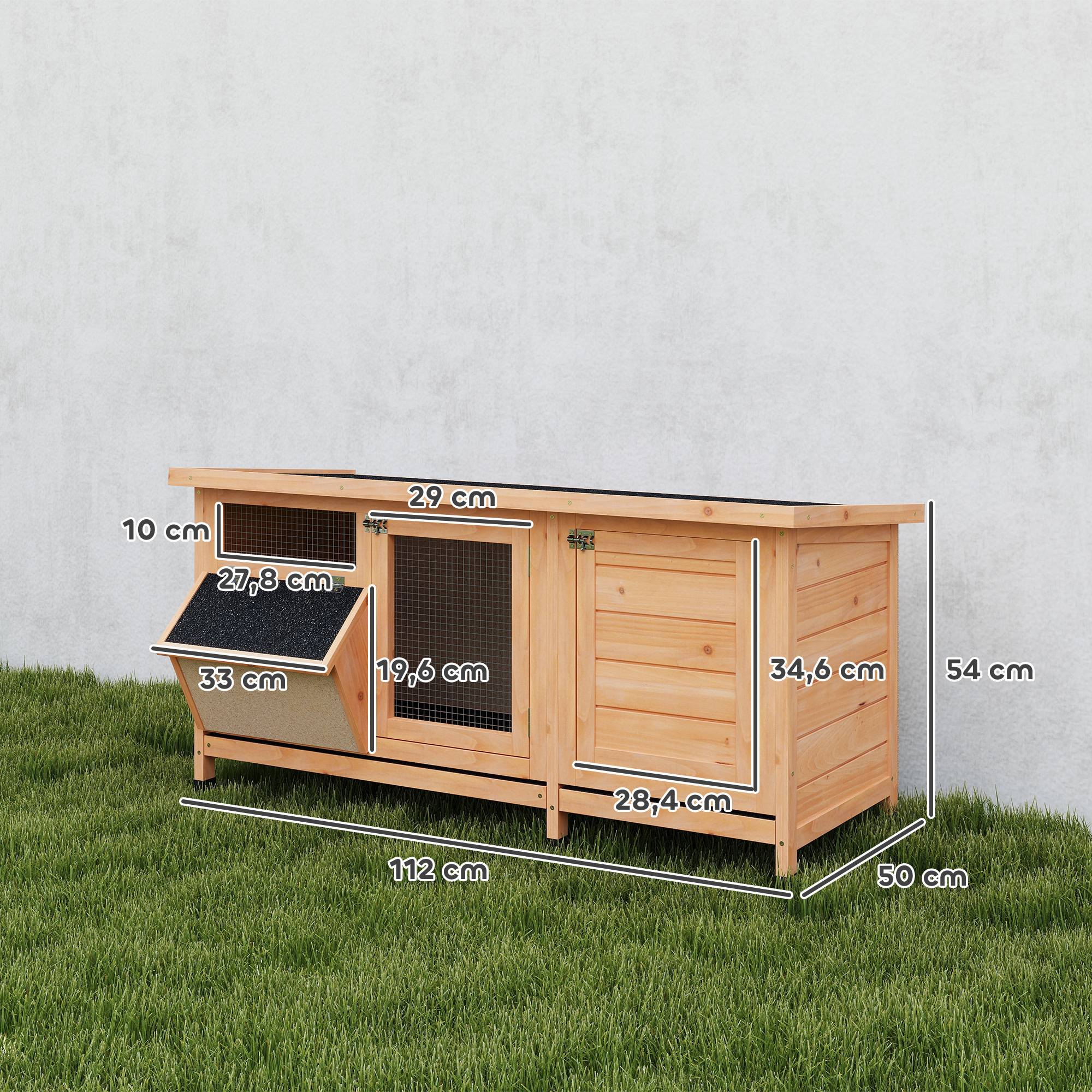 Cage à lapin avec toit en asphalte à charnières, portes à loquet, plateaux amovibles et mangeoire, 112 x 50 x 54 cm, jaune - Image 5