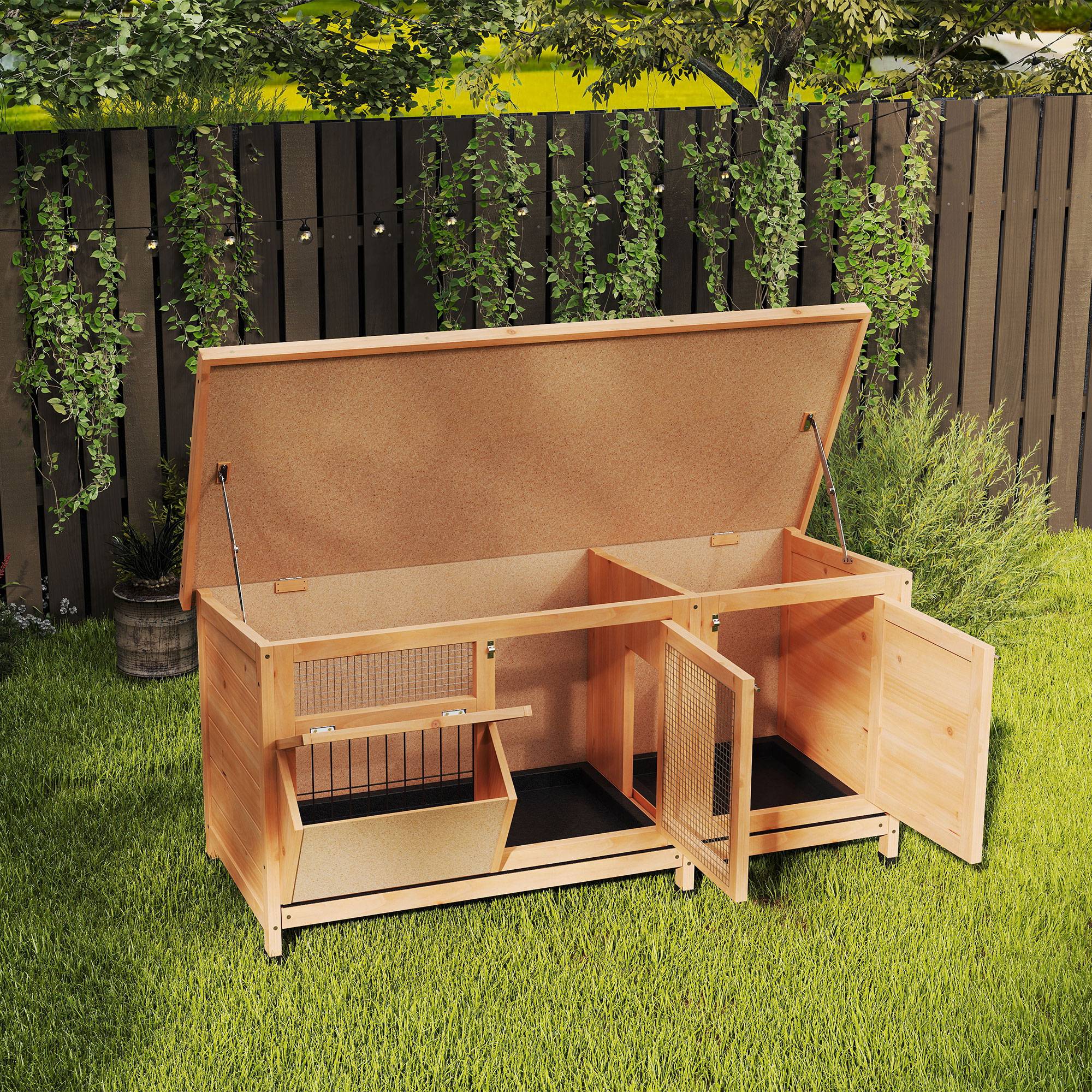 Cage à lapin avec toit en asphalte à charnières, portes à loquet, plateaux amovibles et mangeoire, 112 x 50 x 54 cm, jaune - Image 10