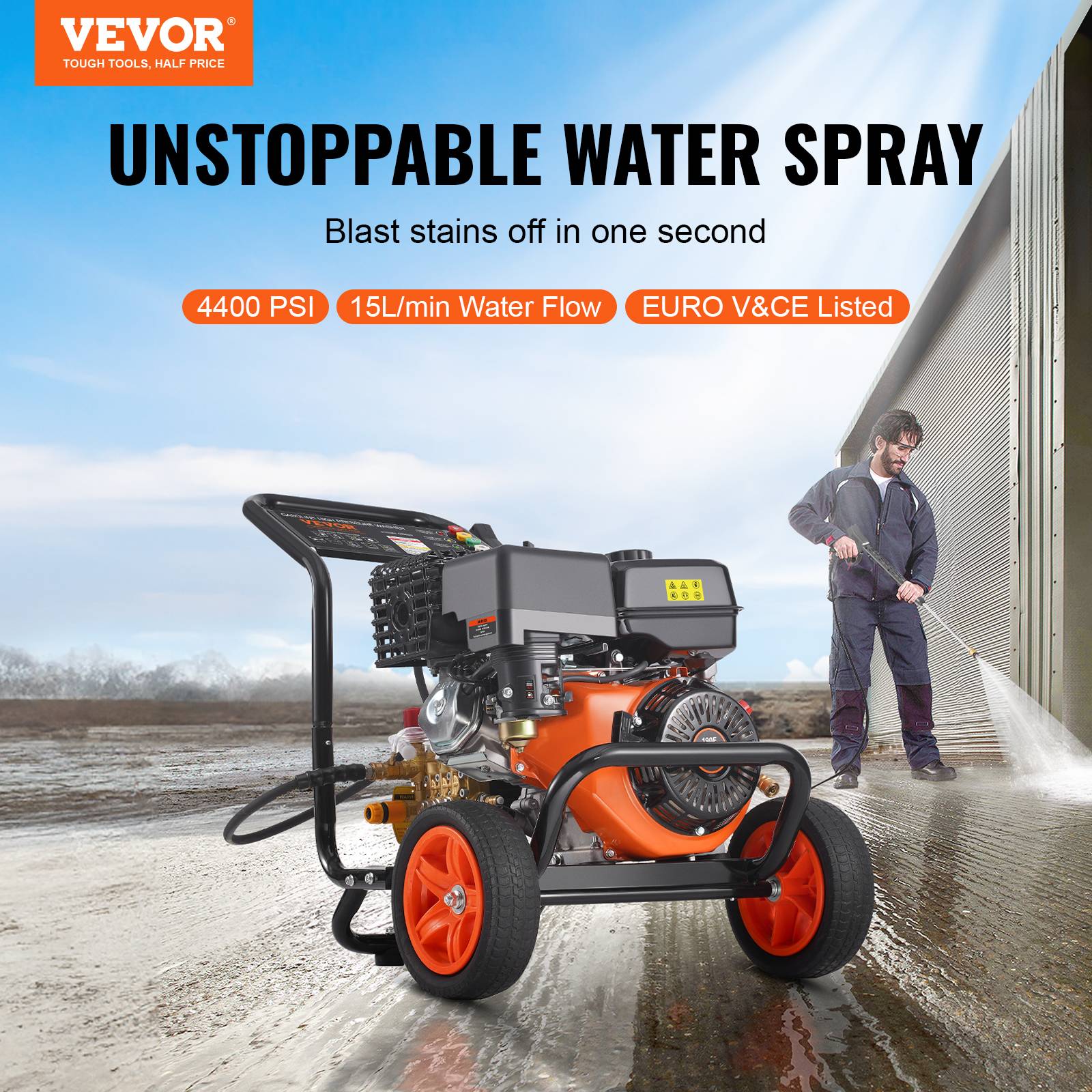 Vevor - VEVOR Nettoyeur Haute Pression Essence 4400 PSI 15 L/min, Pompe Cuivre, 5 Buses, pour Voitures. - Image 2