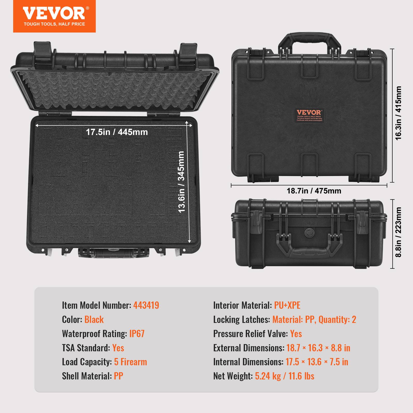 VEVOR Conteneurs pistolets durables, étanche, jusqu'à 5 pistolets, 18,9x16,3x8,5 po. - Image 7