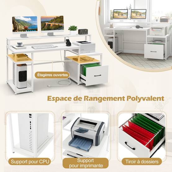 Bureau d'Ordinateur avec Étagère pour Moniteur, Poste de Travail Informatique avec Tiroir de Rangement, 4 Étagères Ouvertes, Support UC, Blanc - Image 4