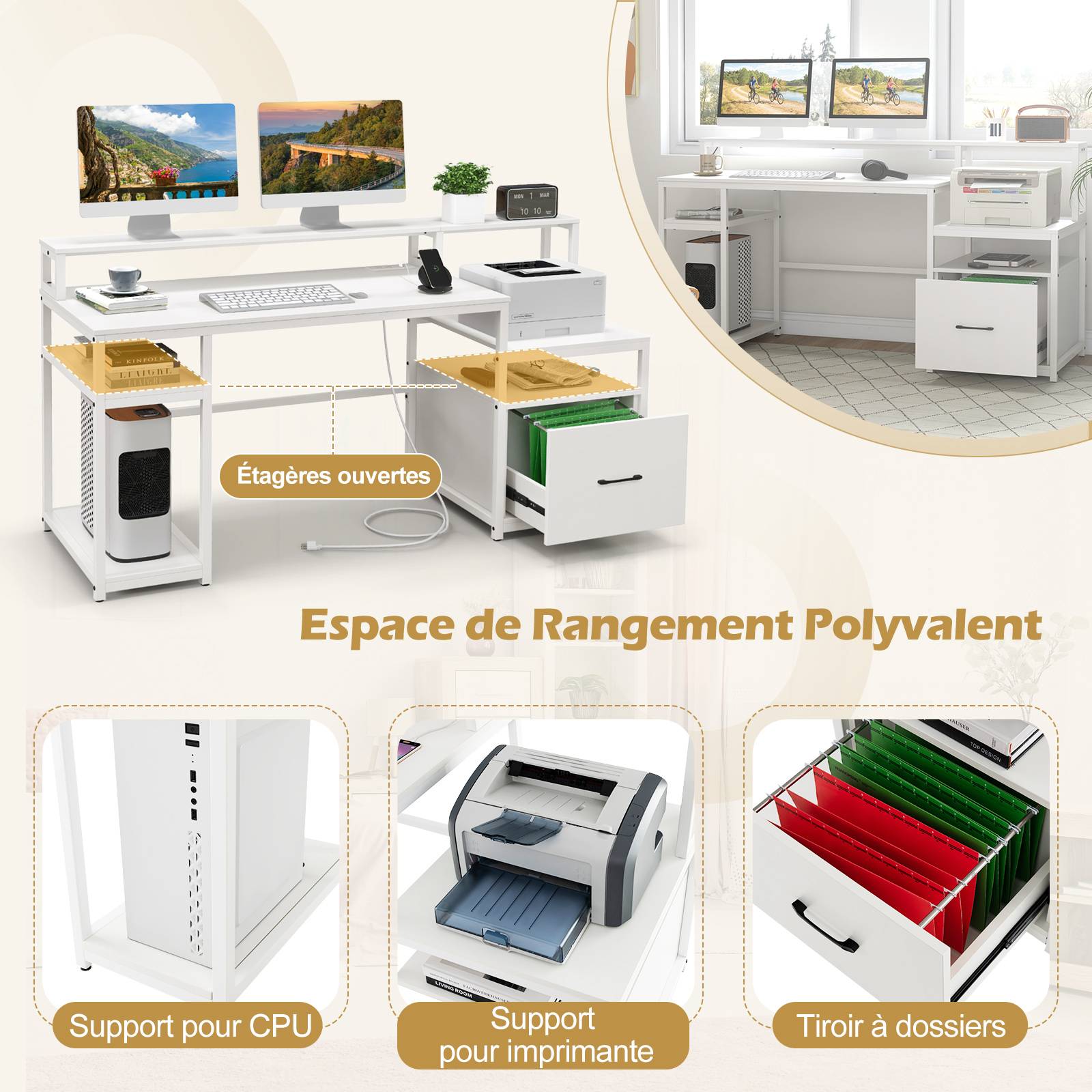 Bureau d'Ordinateur avec Étagère pour Moniteur, Poste de Travail Informatique avec Tiroir de Rangement, 4 Étagères Ouvertes, Support UC, Blanc - Image 4