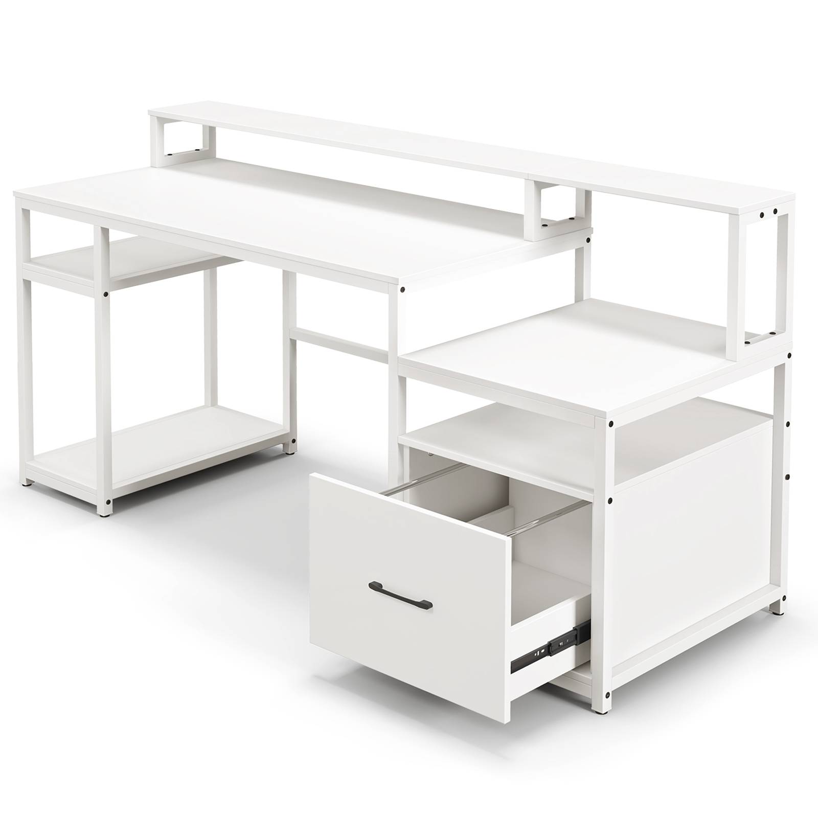 Bureau d'Ordinateur avec Étagère pour Moniteur, Poste de Travail Informatique avec Tiroir de Rangement, 4 Étagères Ouvertes, Support UC, Blanc - Image 9