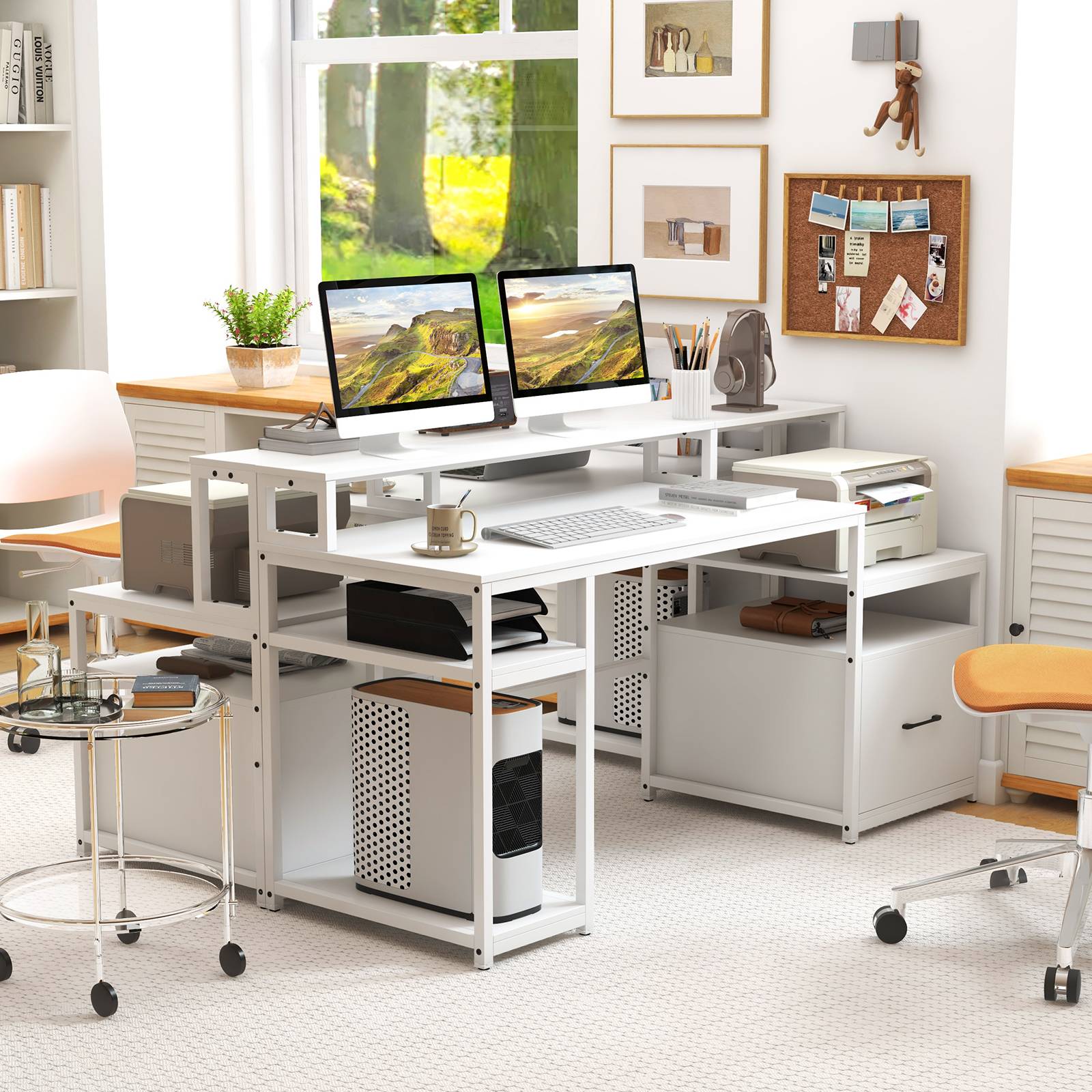 Bureau d'Ordinateur avec Étagère pour Moniteur, Poste de Travail Informatique avec Tiroir de Rangement, 4 Étagères Ouvertes, Support UC, Blanc - Image 6