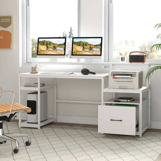 Bureau d'Ordinateur avec Étagère pour Moniteur, Poste de Travail Informatique avec Tiroir de Rangement, 4 Étagères Ouvertes, Support UC, Blanc - Image 7