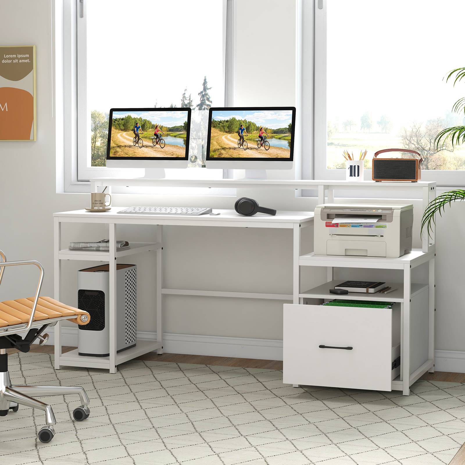 Bureau d'Ordinateur avec Étagère pour Moniteur, Poste de Travail Informatique avec Tiroir de Rangement, 4 Étagères Ouvertes, Support UC, Blanc - Image 7
