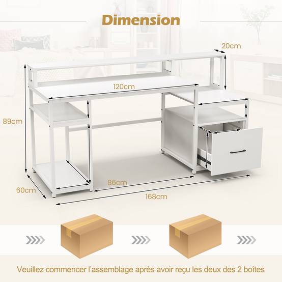 Bureau d'Ordinateur avec Étagère pour Moniteur, Poste de Travail Informatique avec Tiroir de Rangement, 4 Étagères Ouvertes, Support UC, Blanc - Image 2