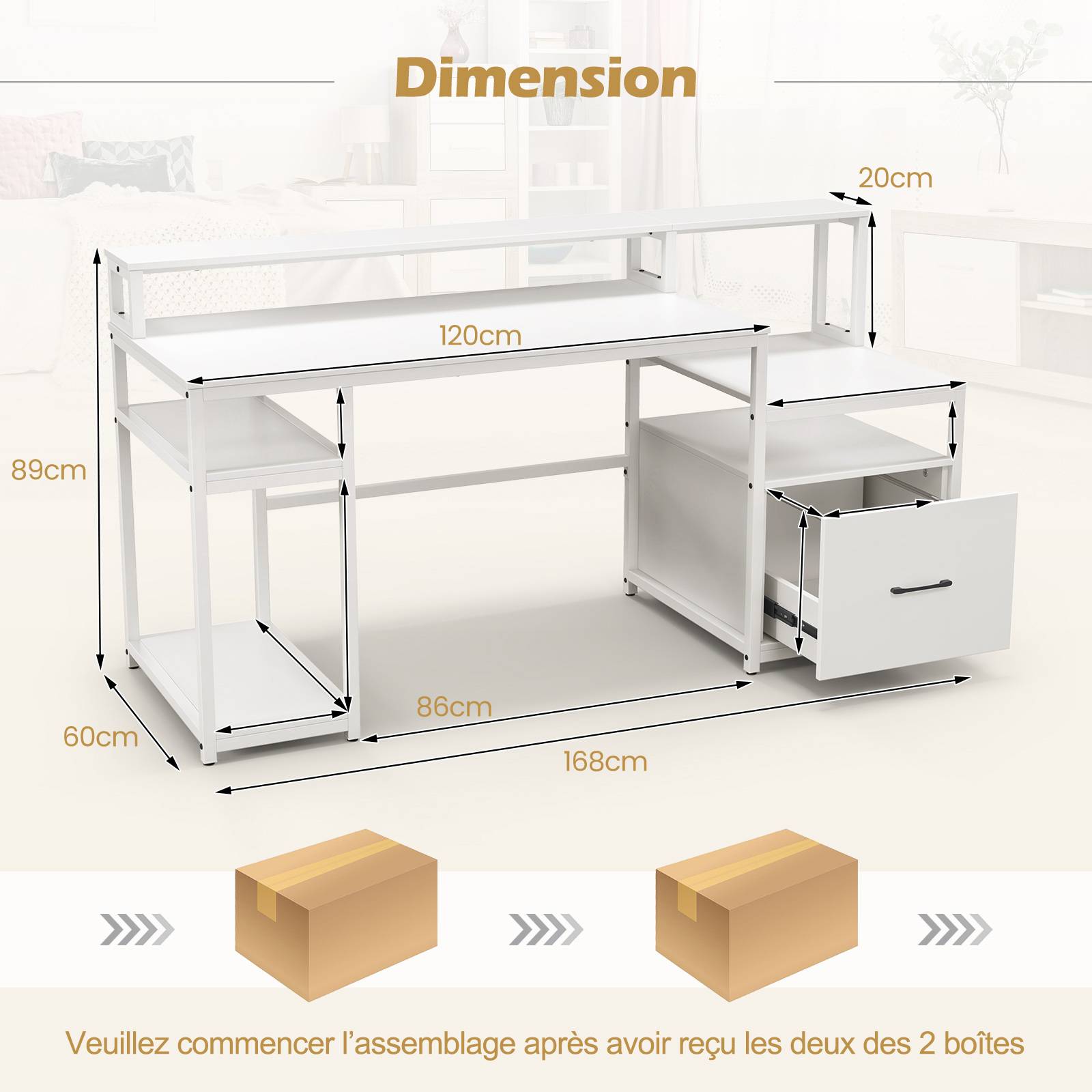 Bureau d'Ordinateur avec Étagère pour Moniteur, Poste de Travail Informatique avec Tiroir de Rangement, 4 Étagères Ouvertes, Support UC, Blanc - Image 2