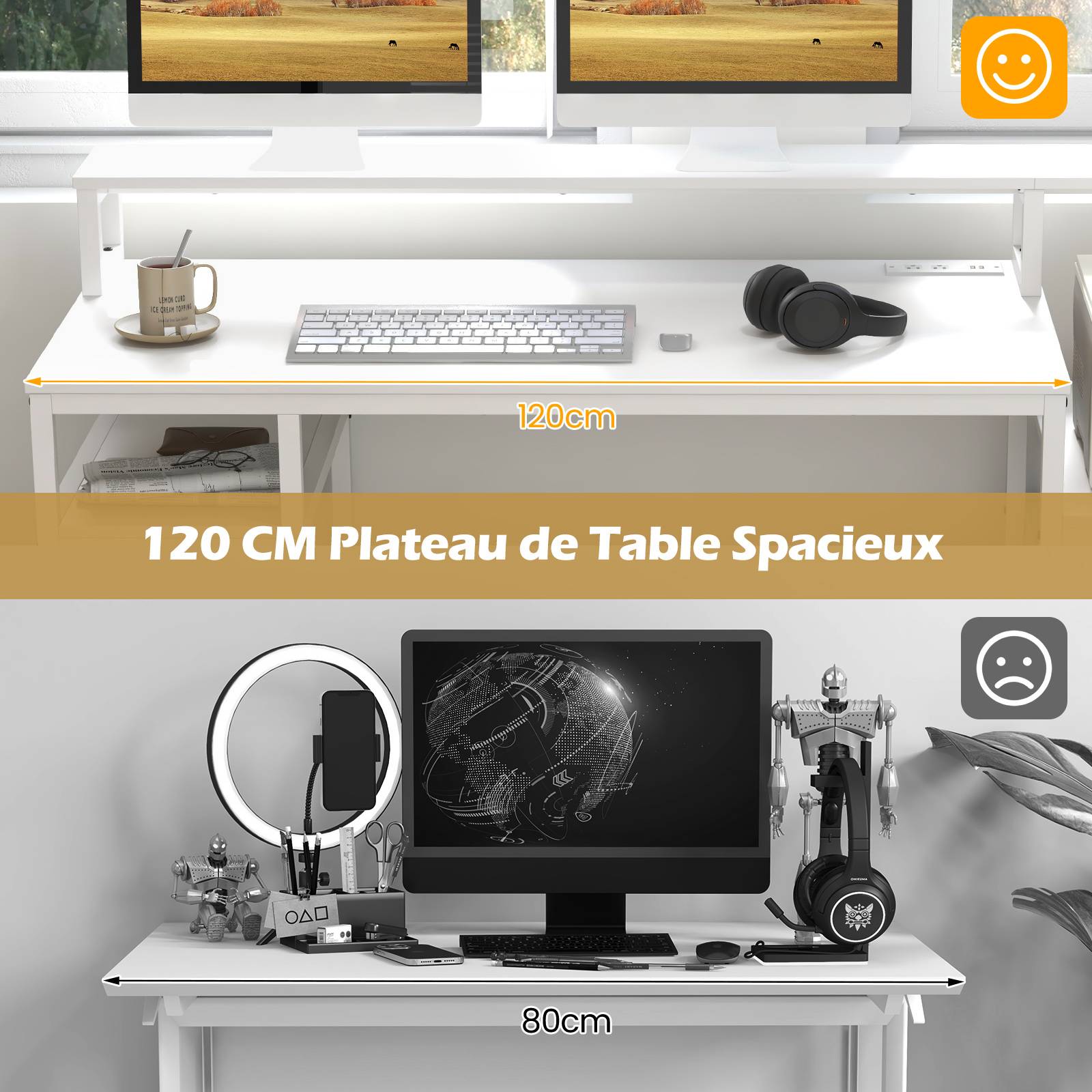 Bureau d'Ordinateur avec Étagère pour Moniteur, Poste de Travail Informatique avec Tiroir de Rangement, 4 Étagères Ouvertes, Support UC, Blanc - Image 5