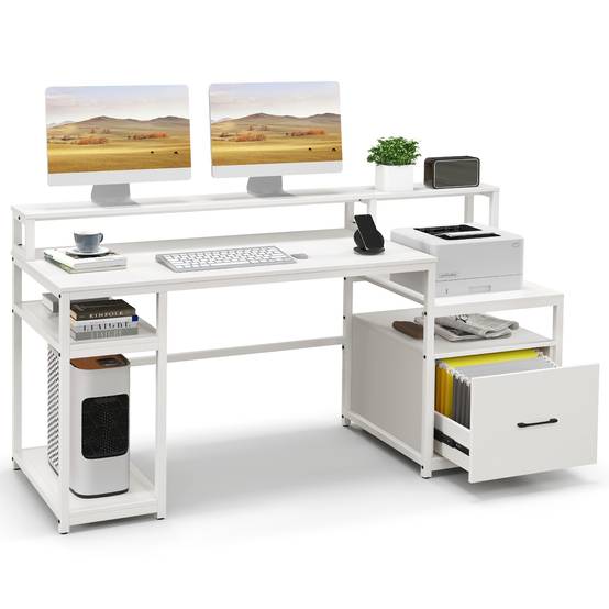 Bureau d'Ordinateur avec Étagère pour Moniteur, Poste de Travail Informatique avec Tiroir de Rangement, 4 Étagères Ouvertes, Support UC, Blanc - Image 1