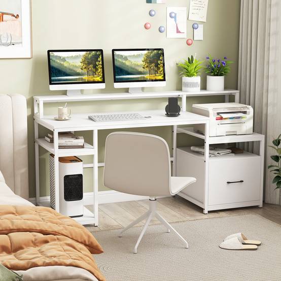 Bureau d'Ordinateur avec Étagère pour Moniteur, Poste de Travail Informatique avec Tiroir de Rangement, 4 Étagères Ouvertes, Support UC, Blanc - Image 8