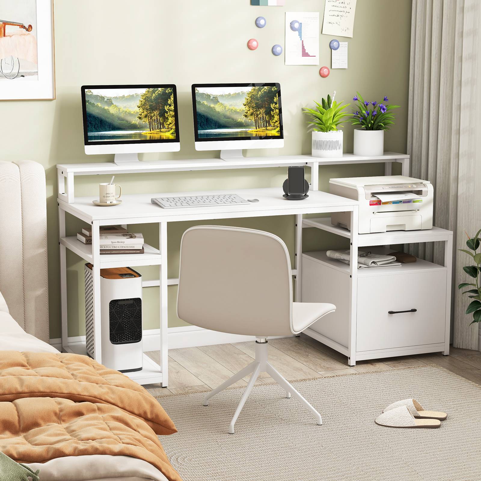 Bureau d'Ordinateur avec Étagère pour Moniteur, Poste de Travail Informatique avec Tiroir de Rangement, 4 Étagères Ouvertes, Support UC, Blanc - Image 8